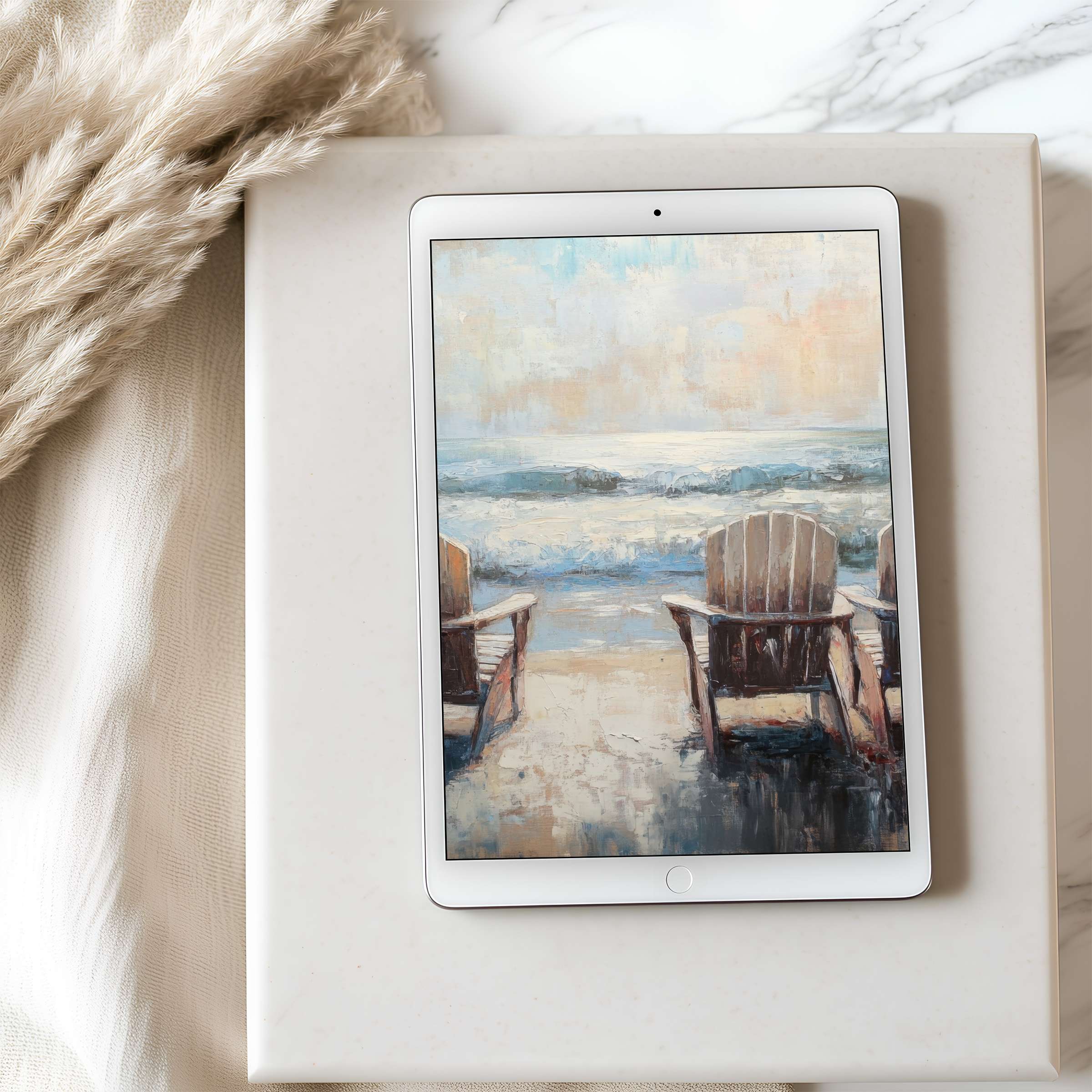 Tranquil seascape tablet wallpaper with soft pastels, showcasing serene chairs by the sea, curated for iPad and Android use