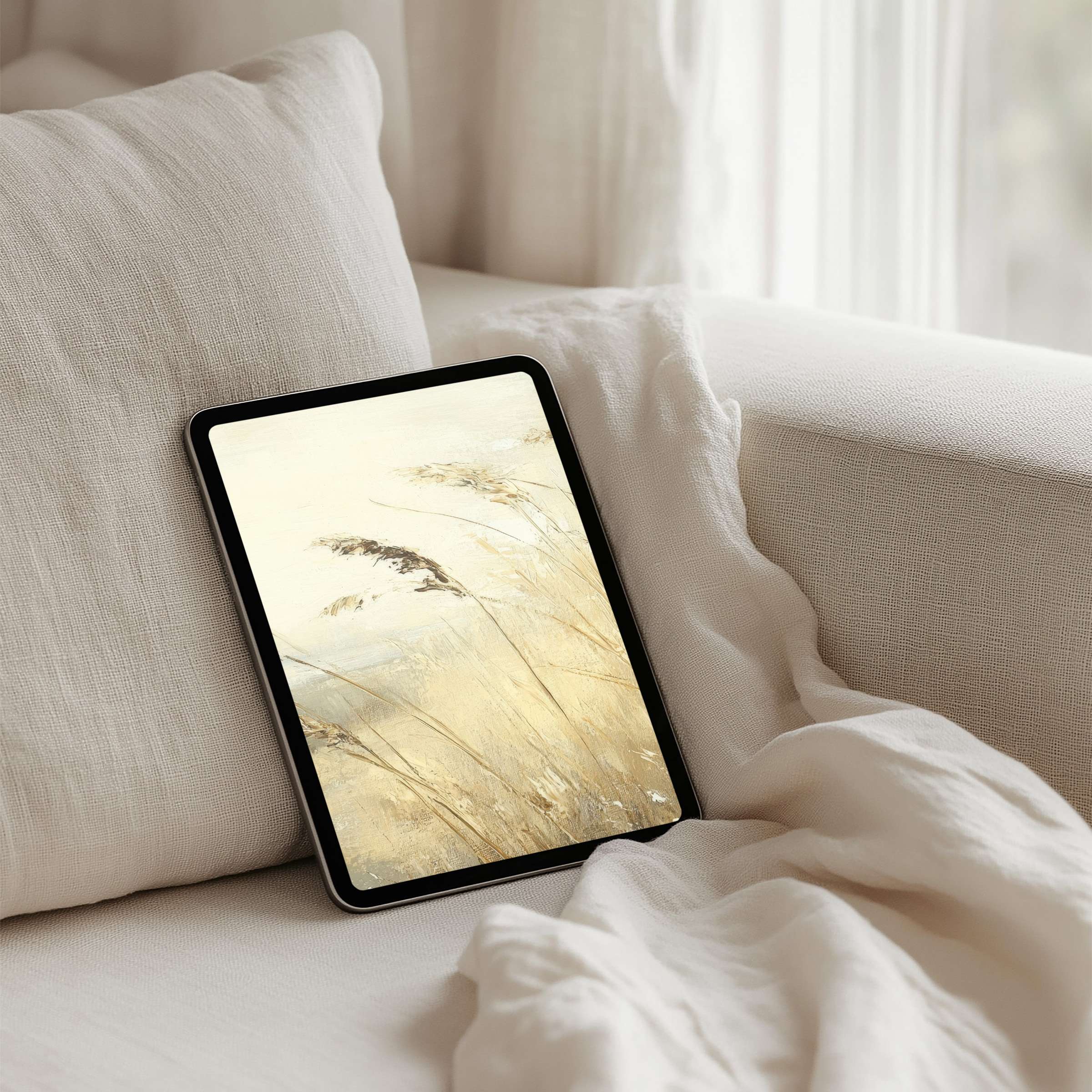 Elegant iPad background featuring tranquil, soft wheat fields for instant download on any tablet inspiring calm and mindfulness