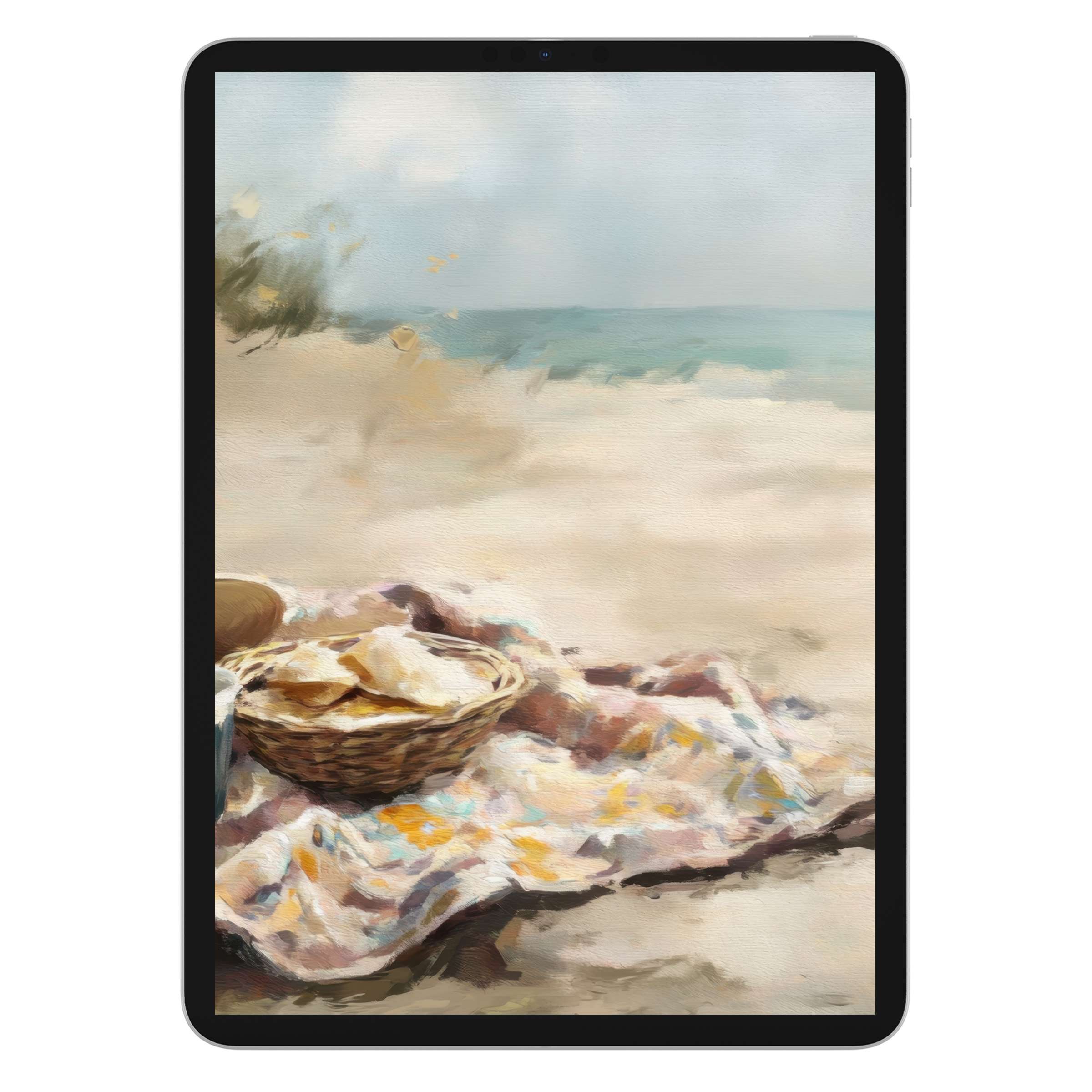 Serene beach iPad wallpaper featuring a tranquil picnic scene on sand with soft pastels, digital download for elegant tablet background