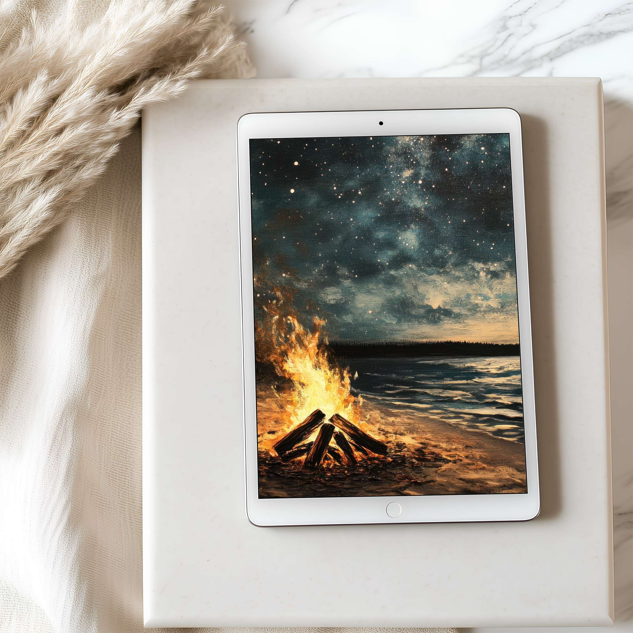 Elegant high resolution tablet wallpaper featuring a serene night campfire by the ocean, perfect for iPad or Android, digital download