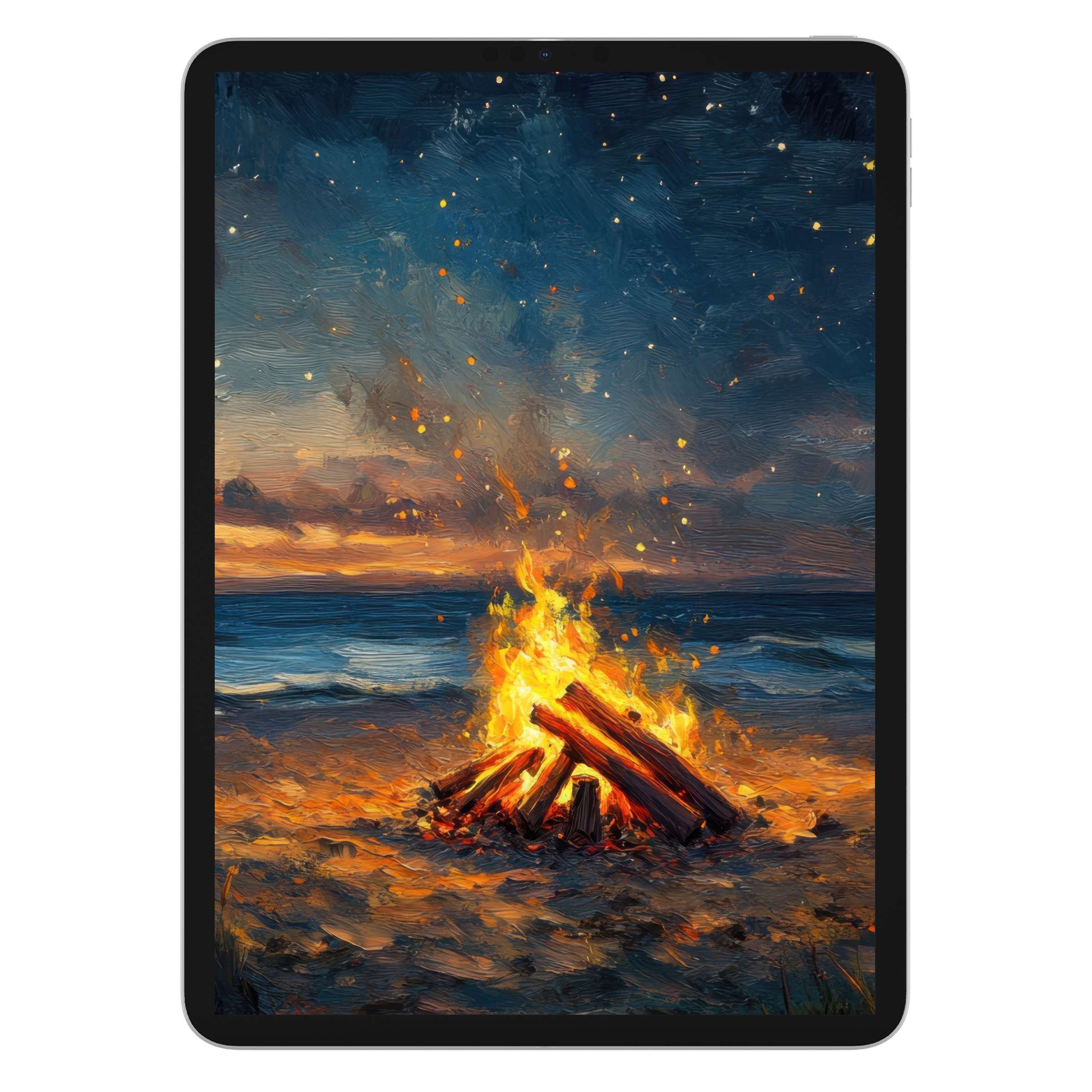 Beach iPad wallpaper with a vivid bonfire under a starry sky, offering a serene digital download background for tablets