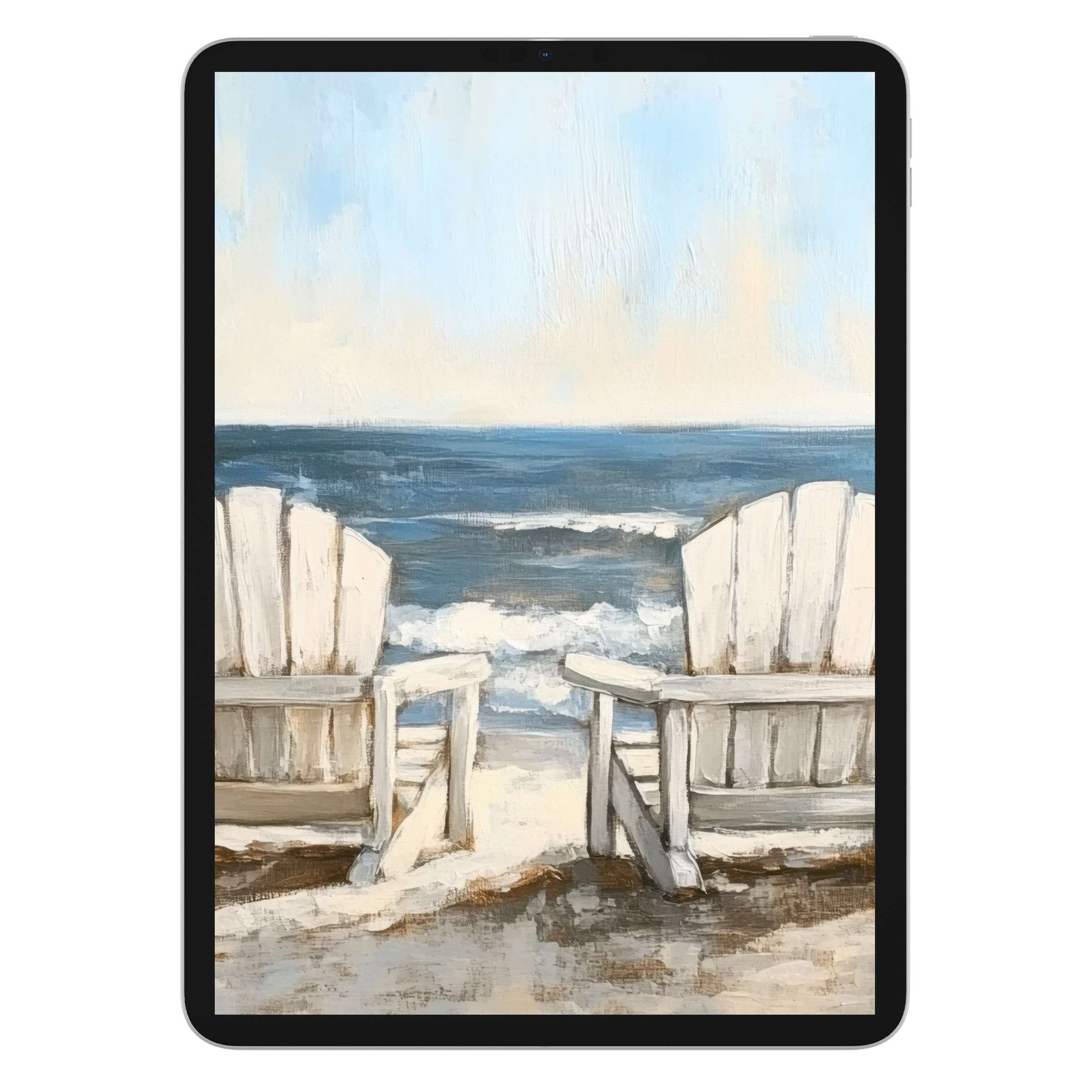 Elegant beach iPad wallpaper with serene ocean and chairs creates a calming tablet background perfect for digital download tranquility