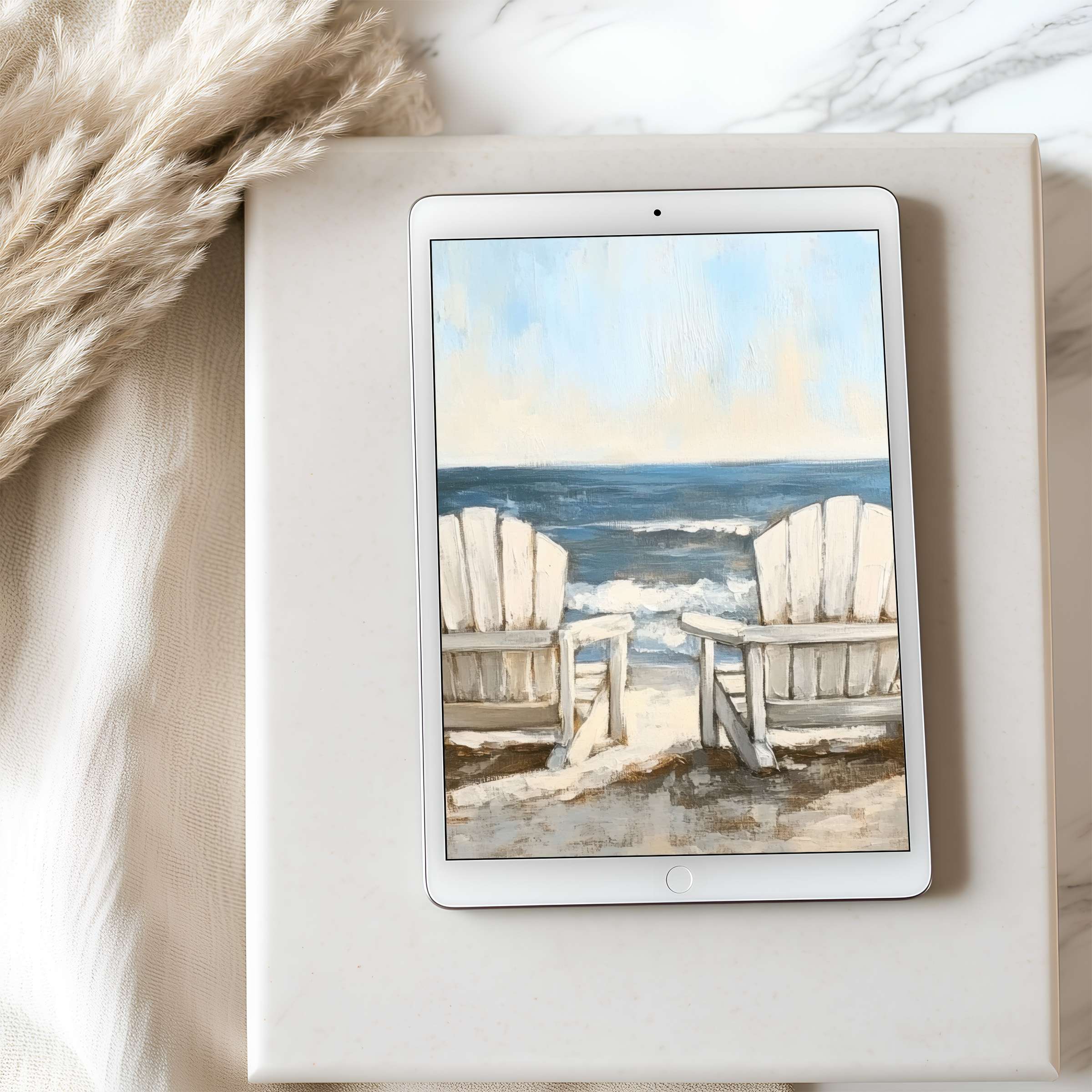 Elegant tablet wallpaper featuring serene beach chairs and ocean waves in calming tones for a high-resolution digital download