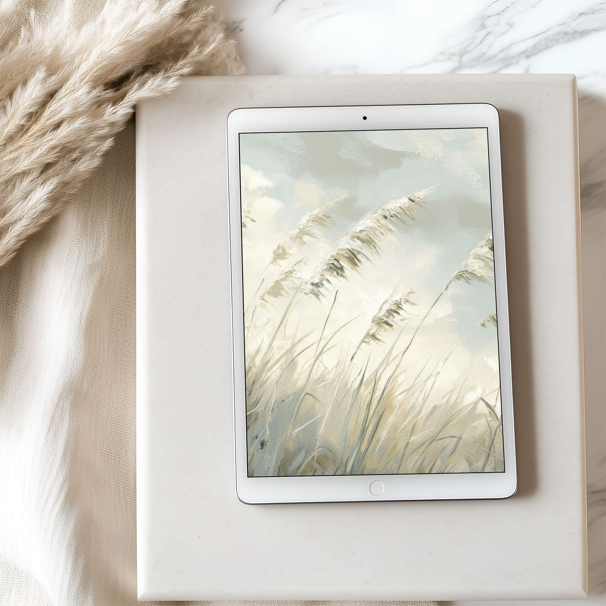 Serene tablet wallpaper featuring soft, neutral-toned grasses evokes calm in high resolution, perfect for iPad and Android digital downloads