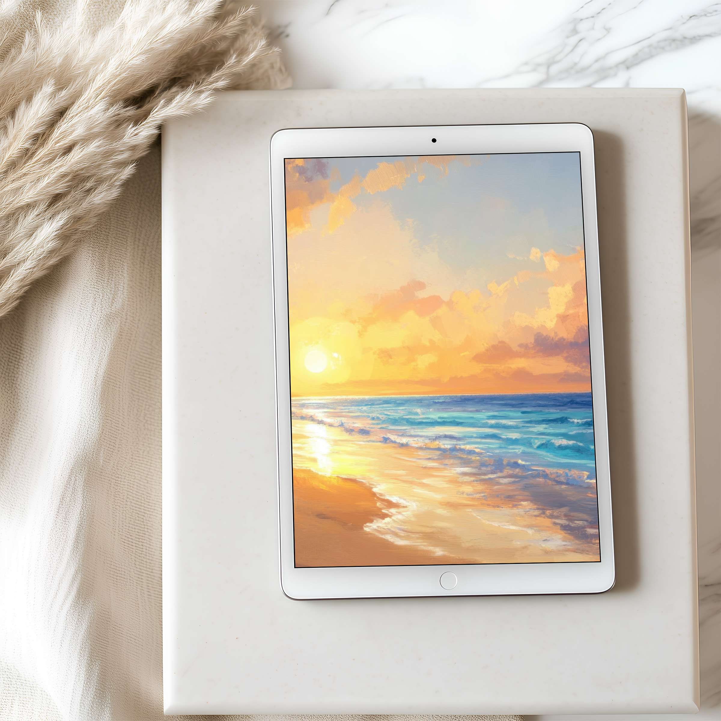 Vibrant sunset beach tablet wallpaper showcasing serene elegance in high resolution ideal for iPad and Android tablets digital download
