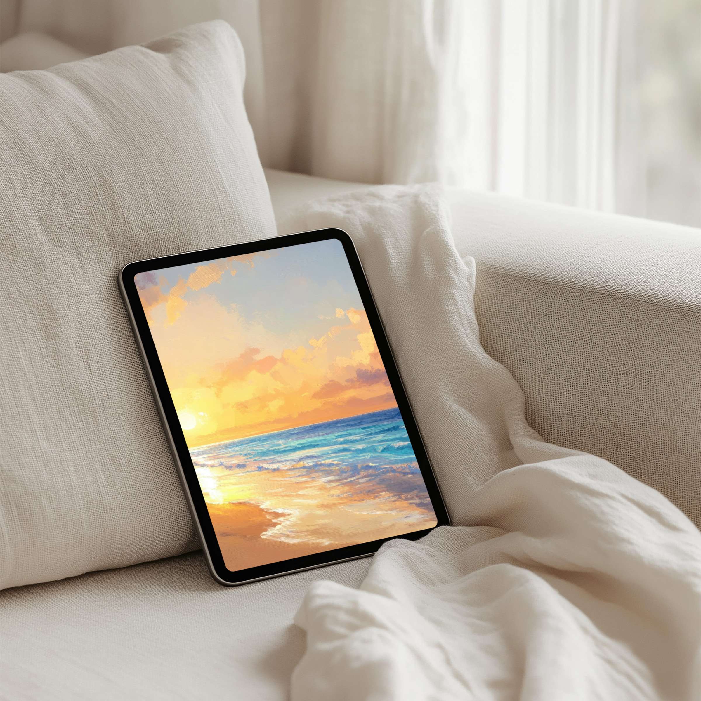 Serene ocean sunset iPad background for instant download on tablets creating a calming, elegant atmosphere with artistic flair