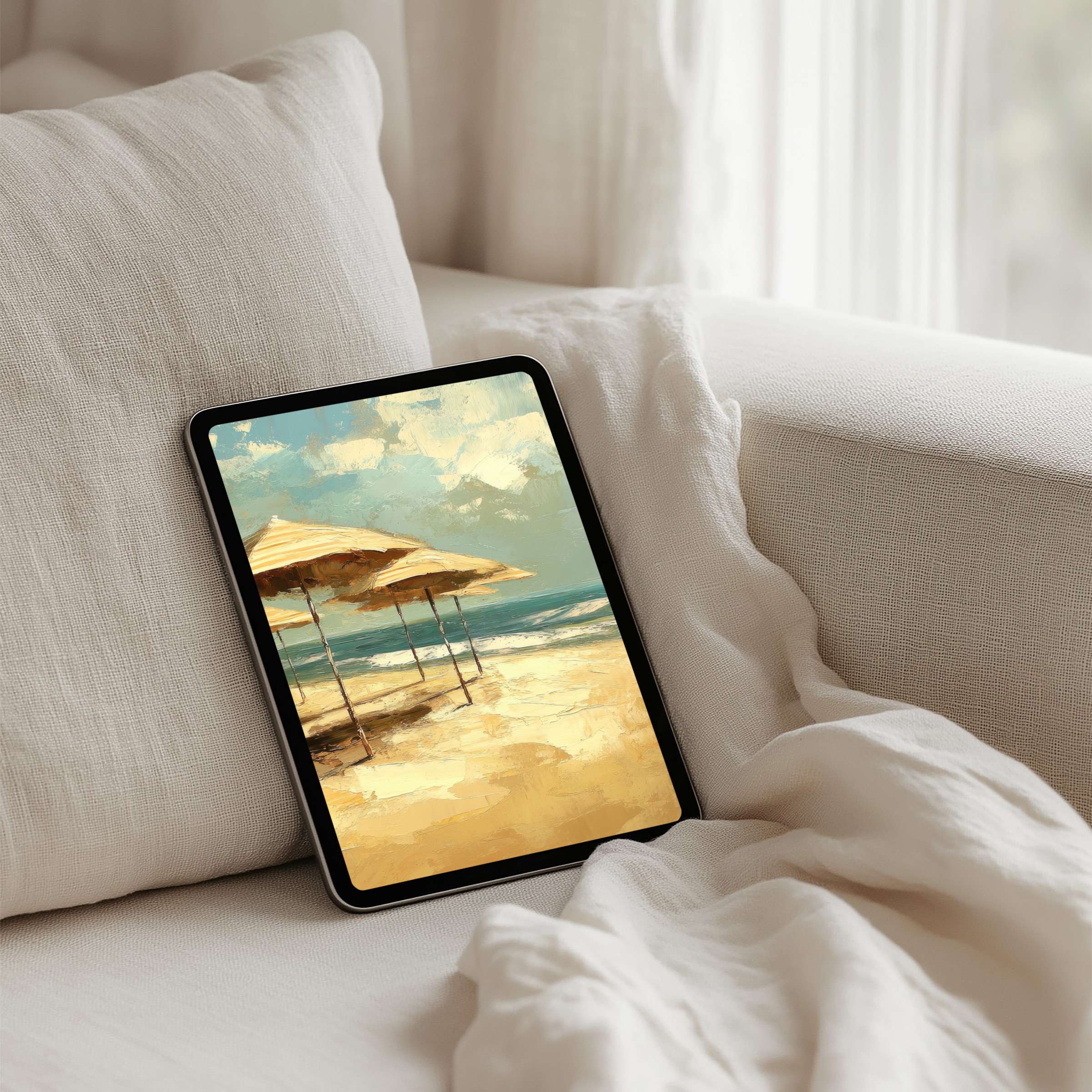 Elegant beach scene iPad background for instant download on tablets evokes calm and mindfulness, fits iPad and Samsung devices