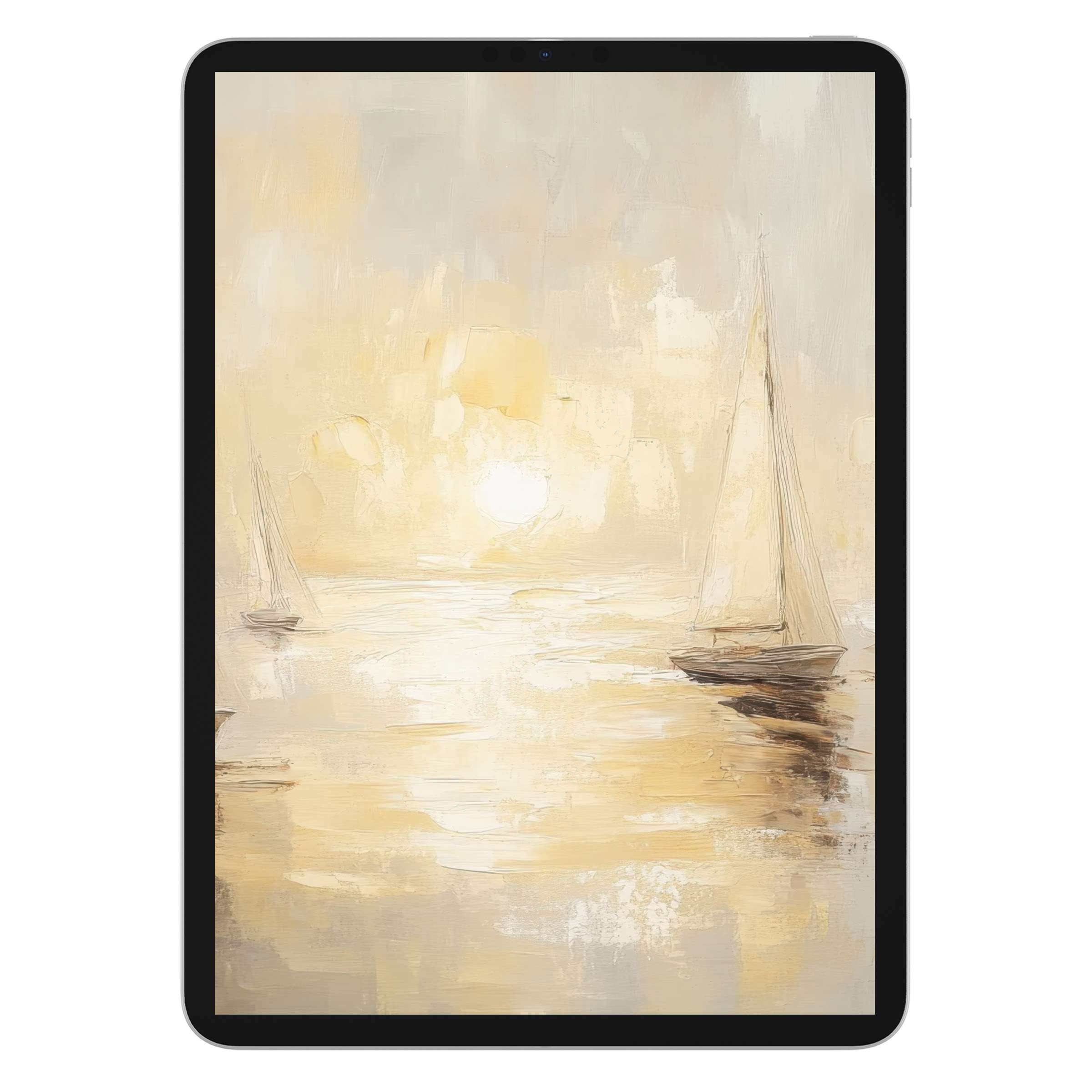 Serene beach iPad wallpaper with soft golden hues and sailboats, perfect digital download background for tablets, enhancing tranquility