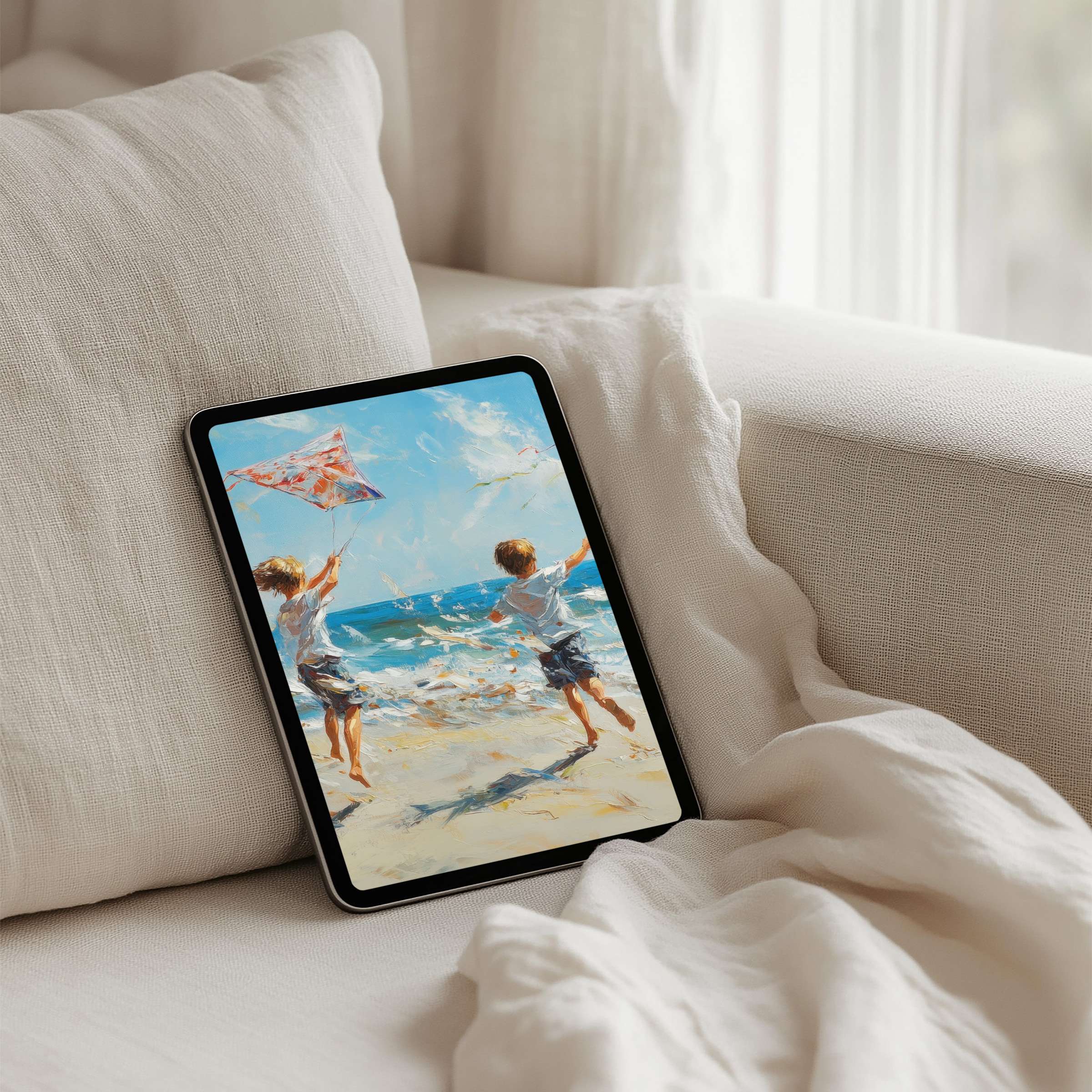 Download this serene iPad background featuring children flying a kite by the sea perfect for any tablet instant download