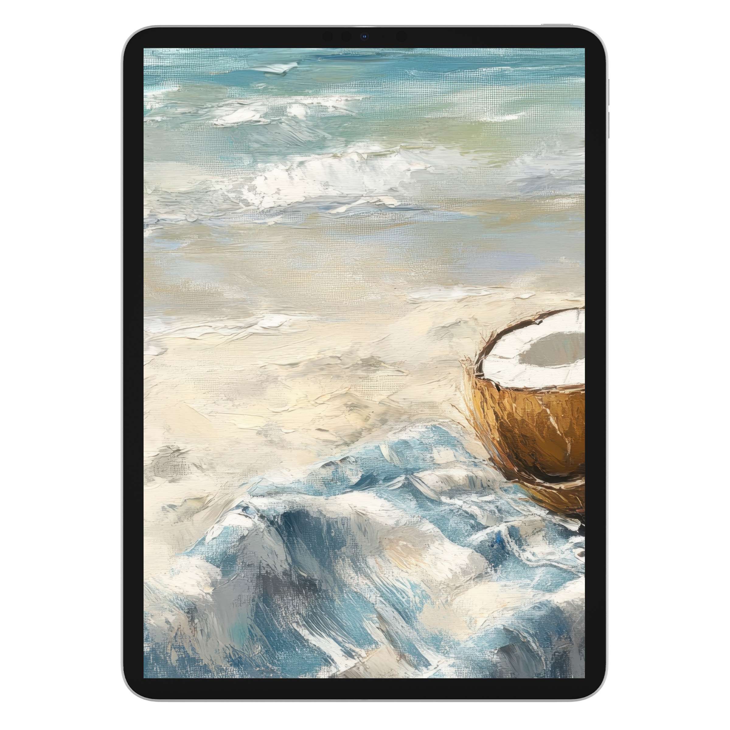 Beach iPad wallpaper with serene waves and coconut on textured canvas, perfect digital download for tablet background art lovers