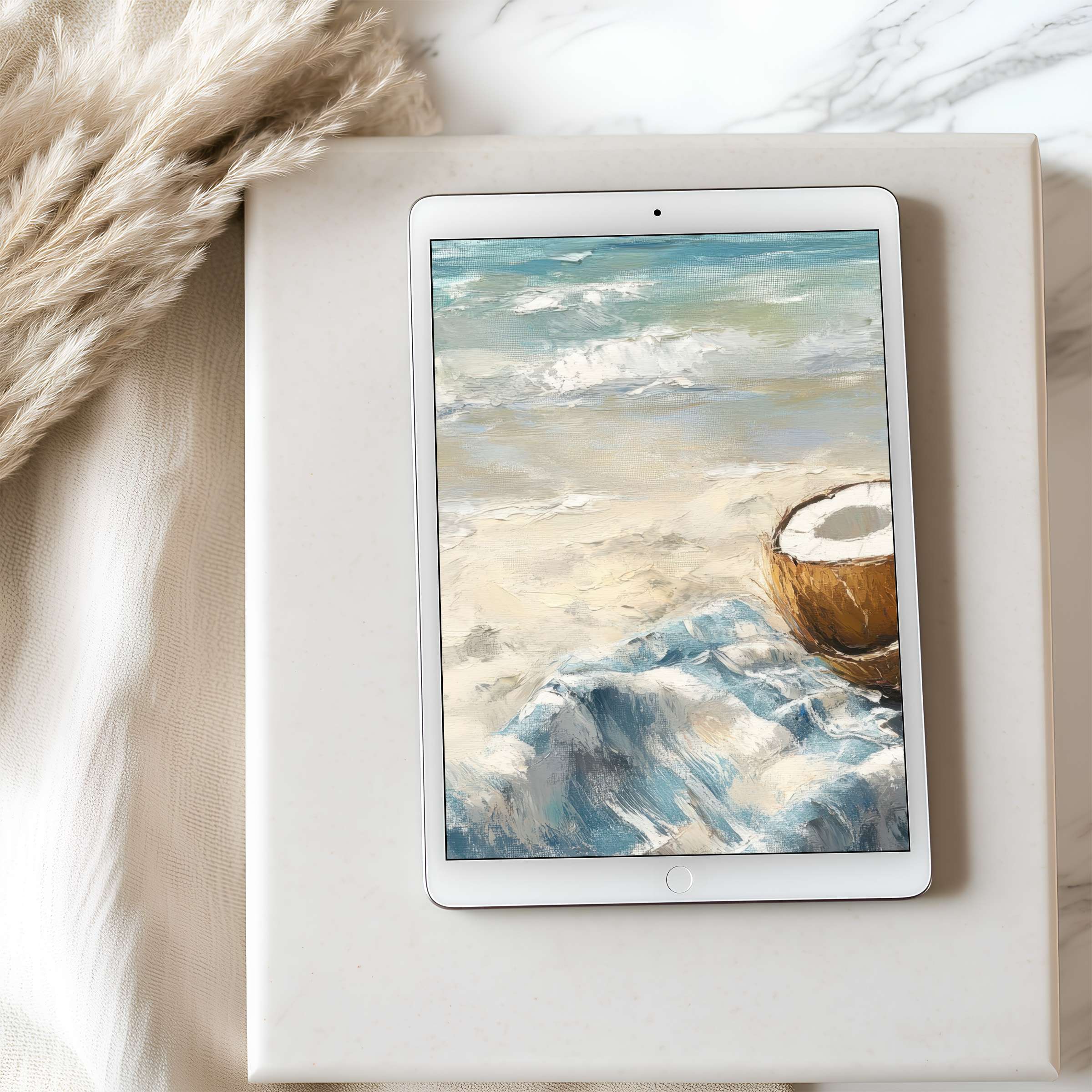 High resolution tablet wallpaper with serene beach scene, ocean blues, and coconut motif, perfect for iPad and Android tablets, digital download