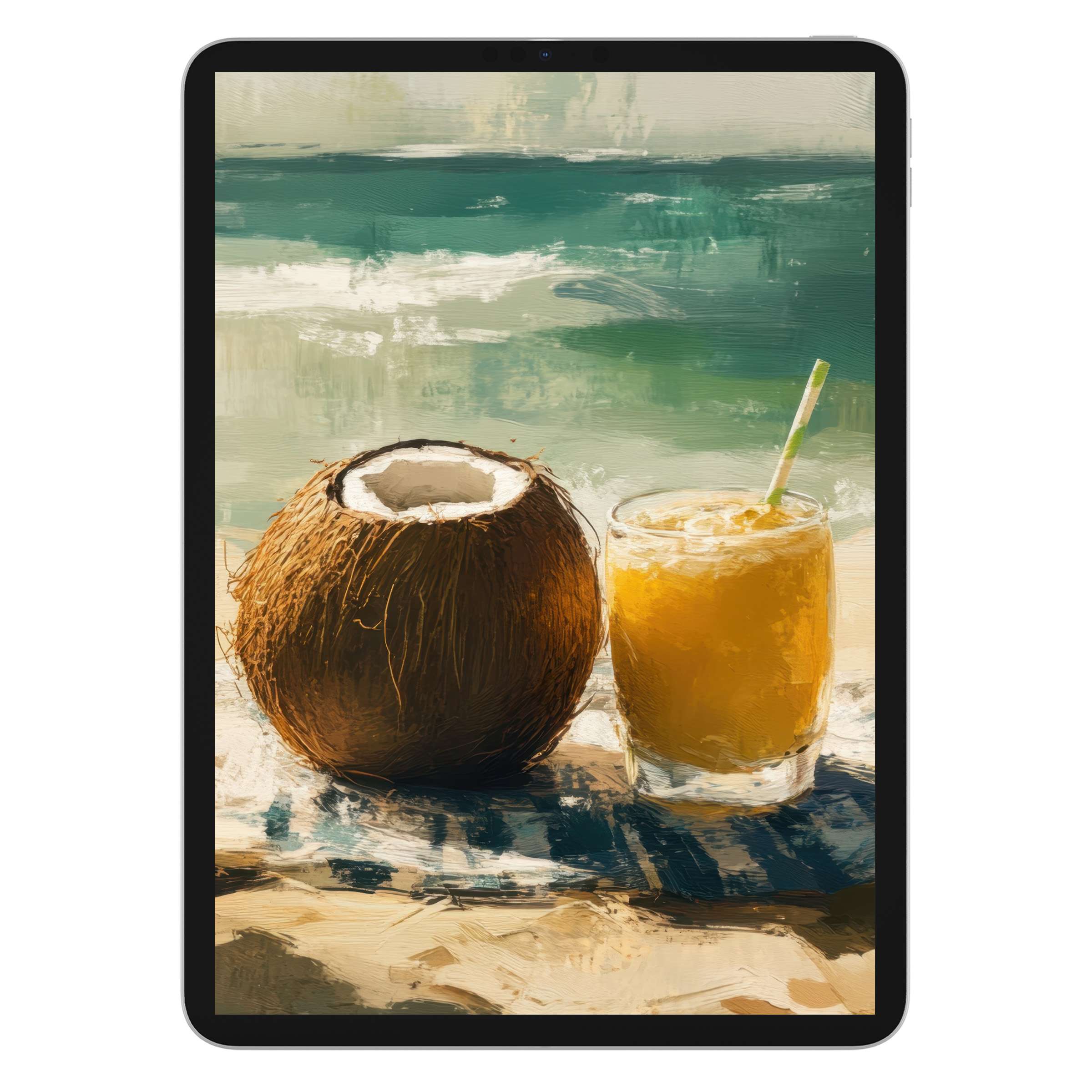 Beach iPad wallpaper digital download featuring a textured tropical scene with a coconut and drink, ideal tablet background