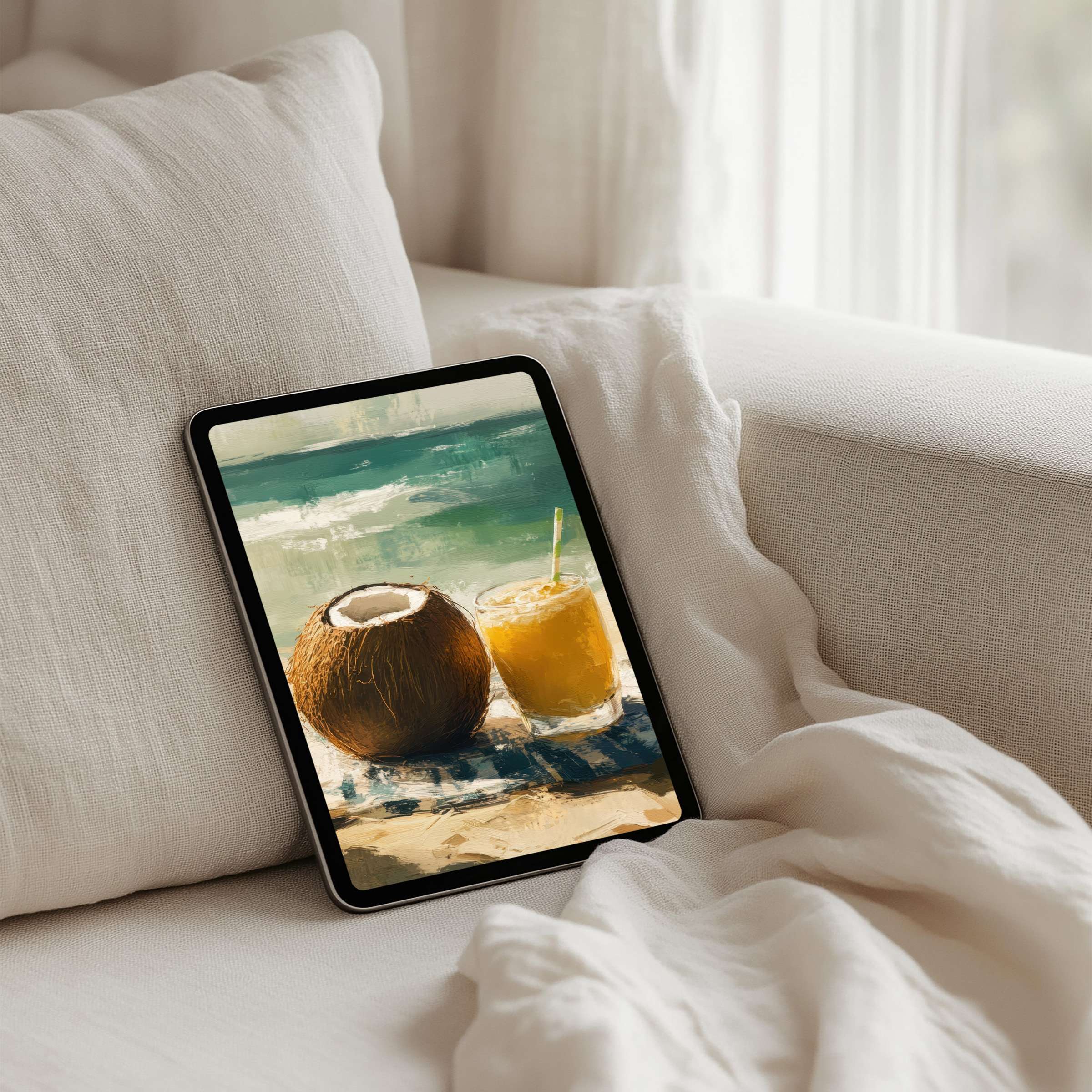 Calming iPad background with beach art for instant download on any tablet perfect for serene and elegant living spaces