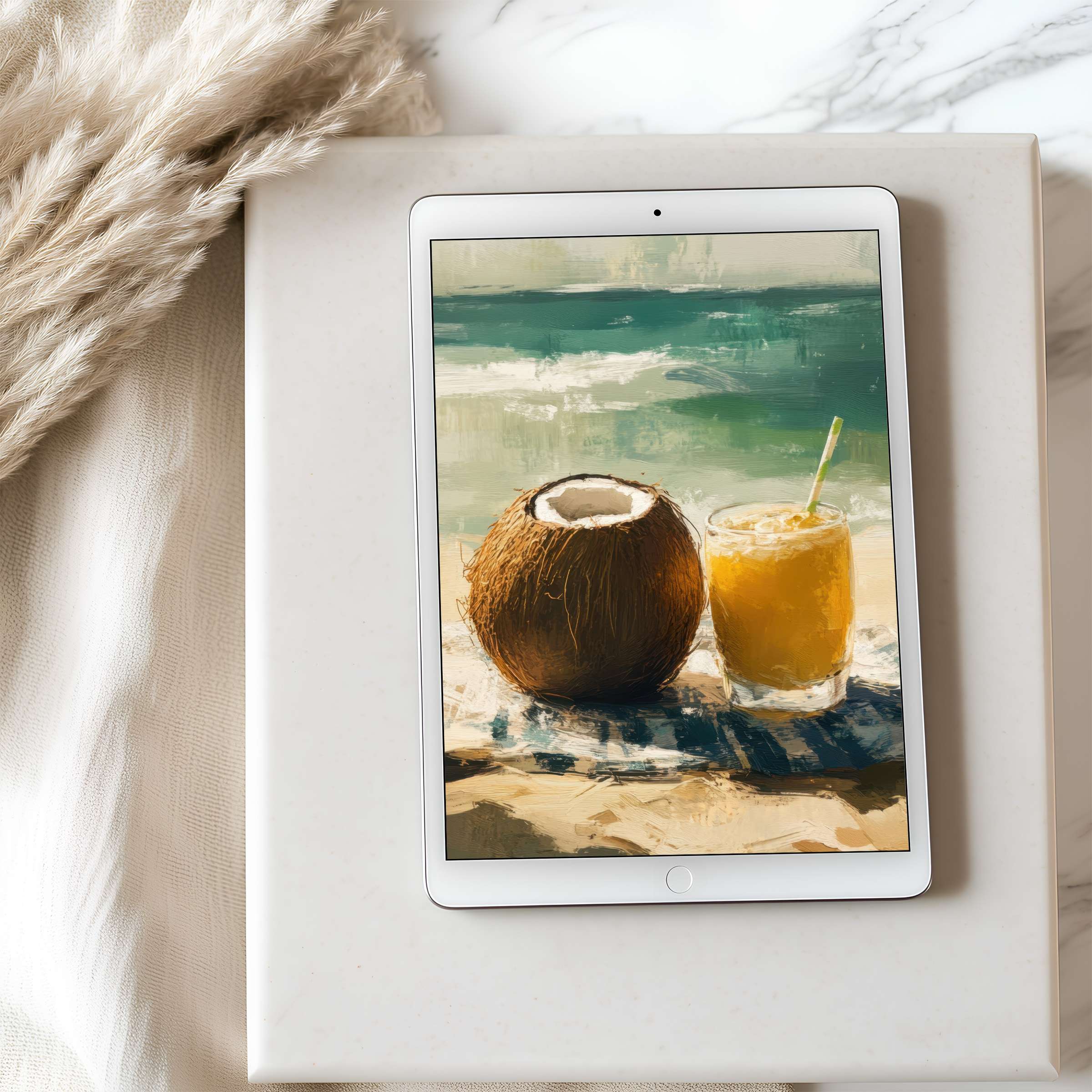 Elegant tablet wallpaper featuring serene beach scene with coconut and juice artfully styled on an iPad for calming interiors