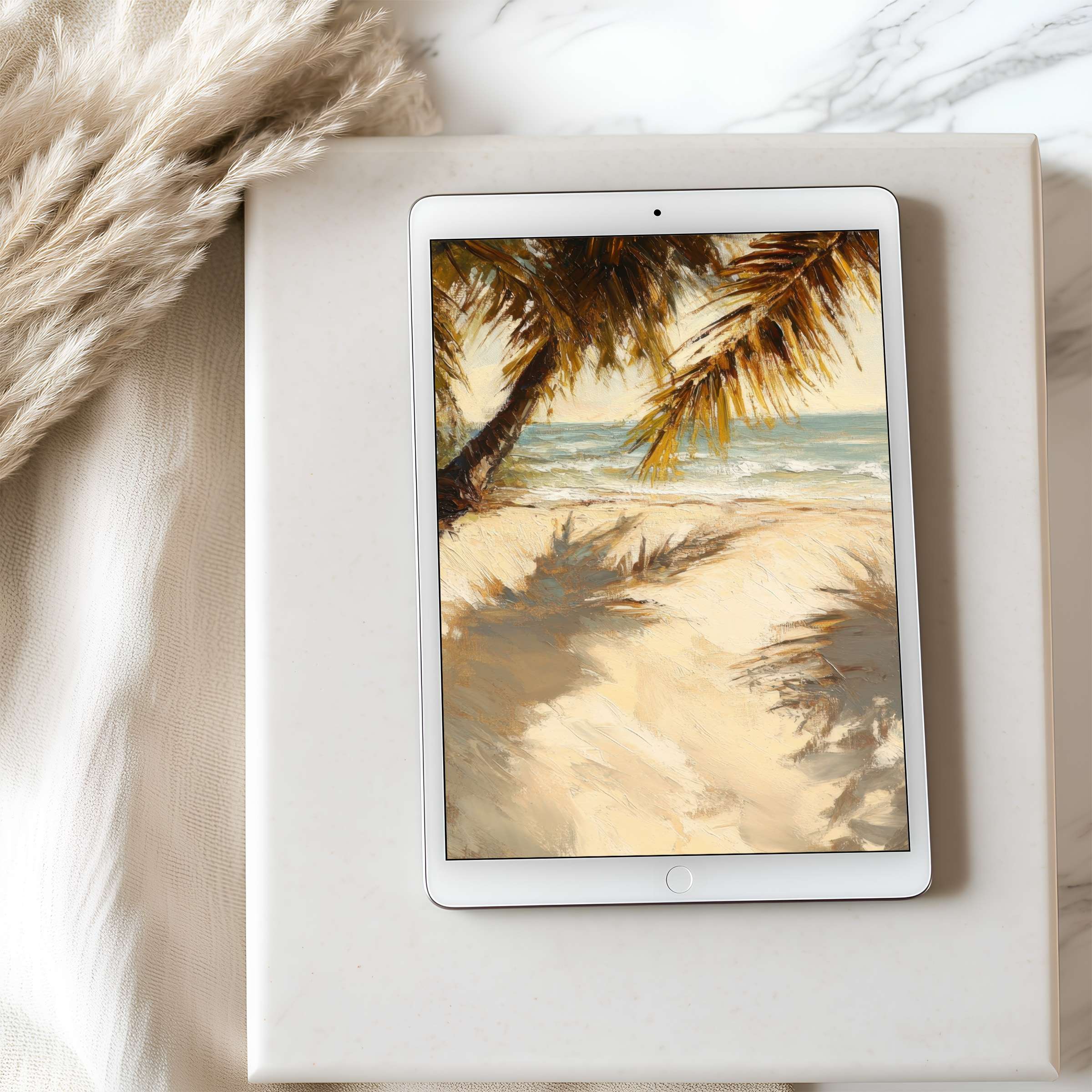 Palm beach scene tablet wallpaper evokes calm elegance, perfect for iPad high-resolution digital download, enhancing serene interiors