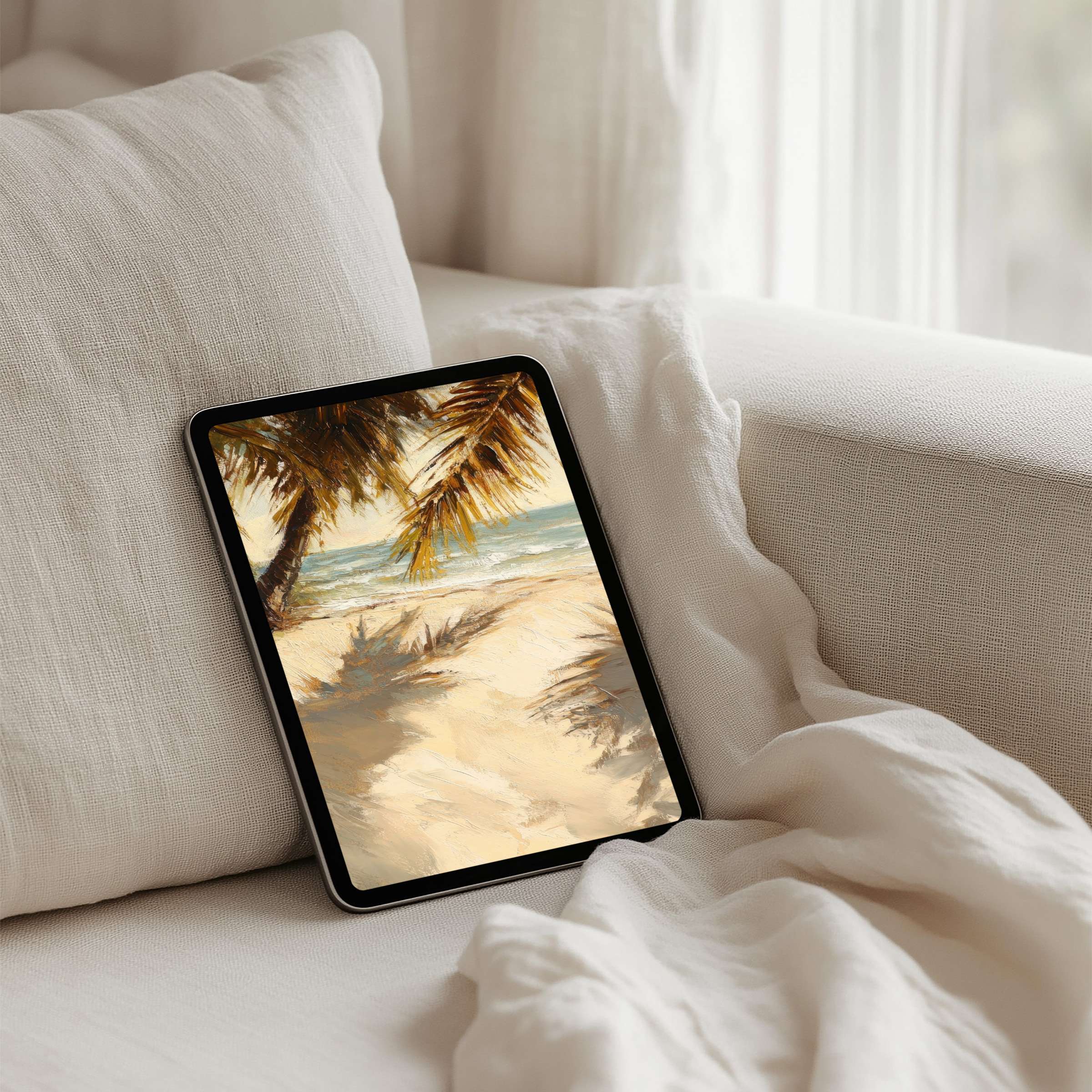 Calming beach scene iPad background for instant download brings elegance to any tablet with sandy tones and serene waves