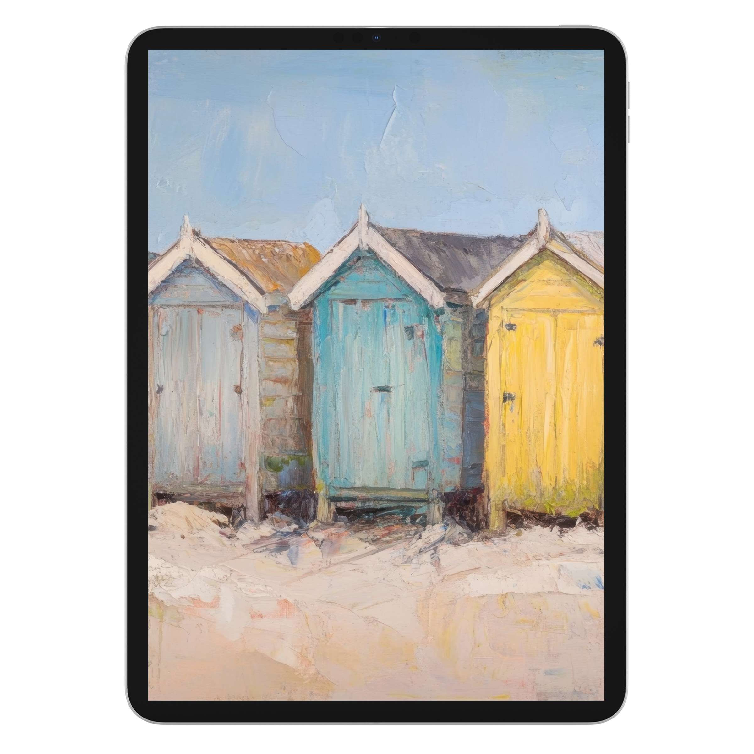 Beach iPad wallpaper featuring pastel-painted beach huts under a serene sky, ideal digital download for tablet background tranquility