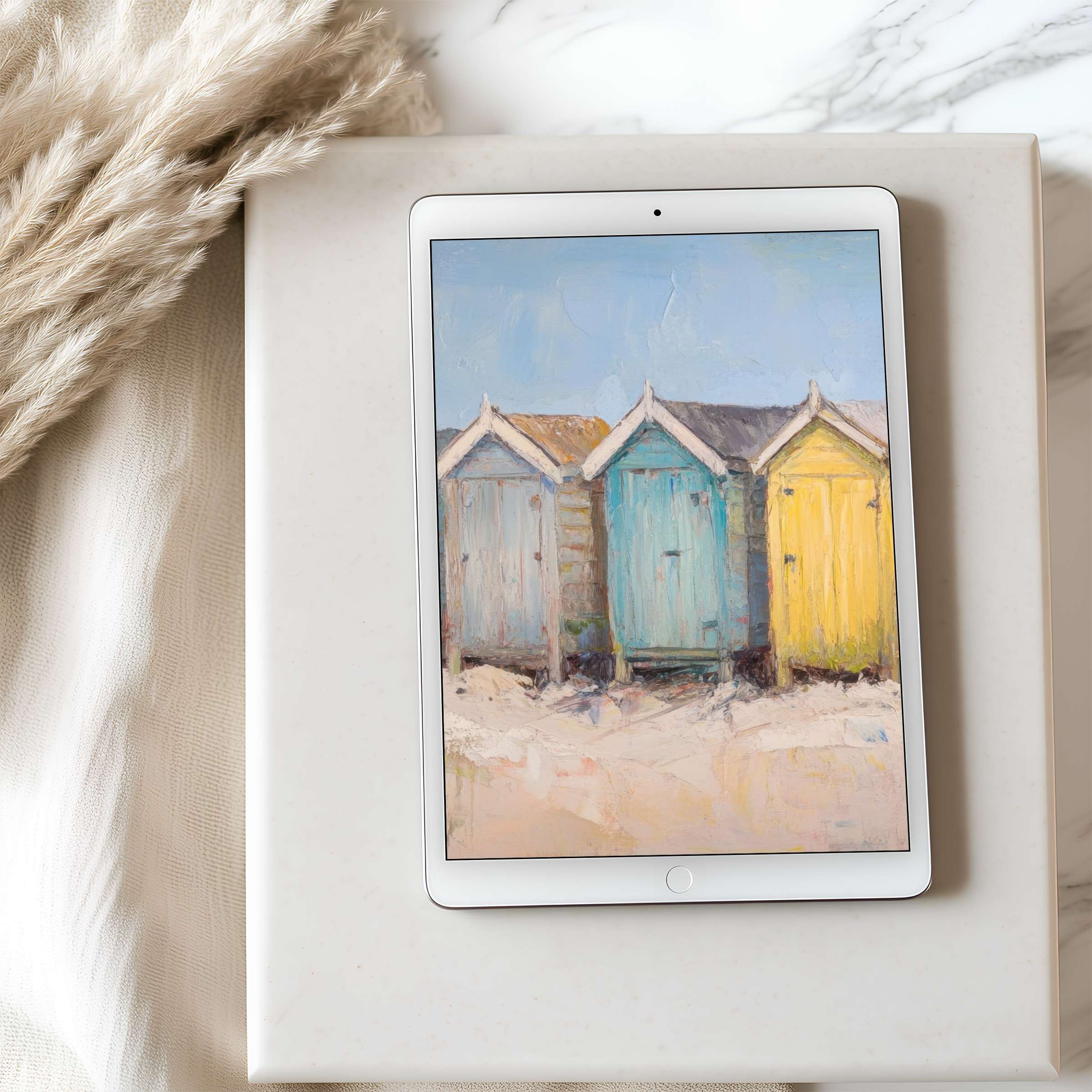 Serene brushstroke beach huts on a tablet wallpaper exude tranquility, high resolution digital art for curated iPad or Android displays