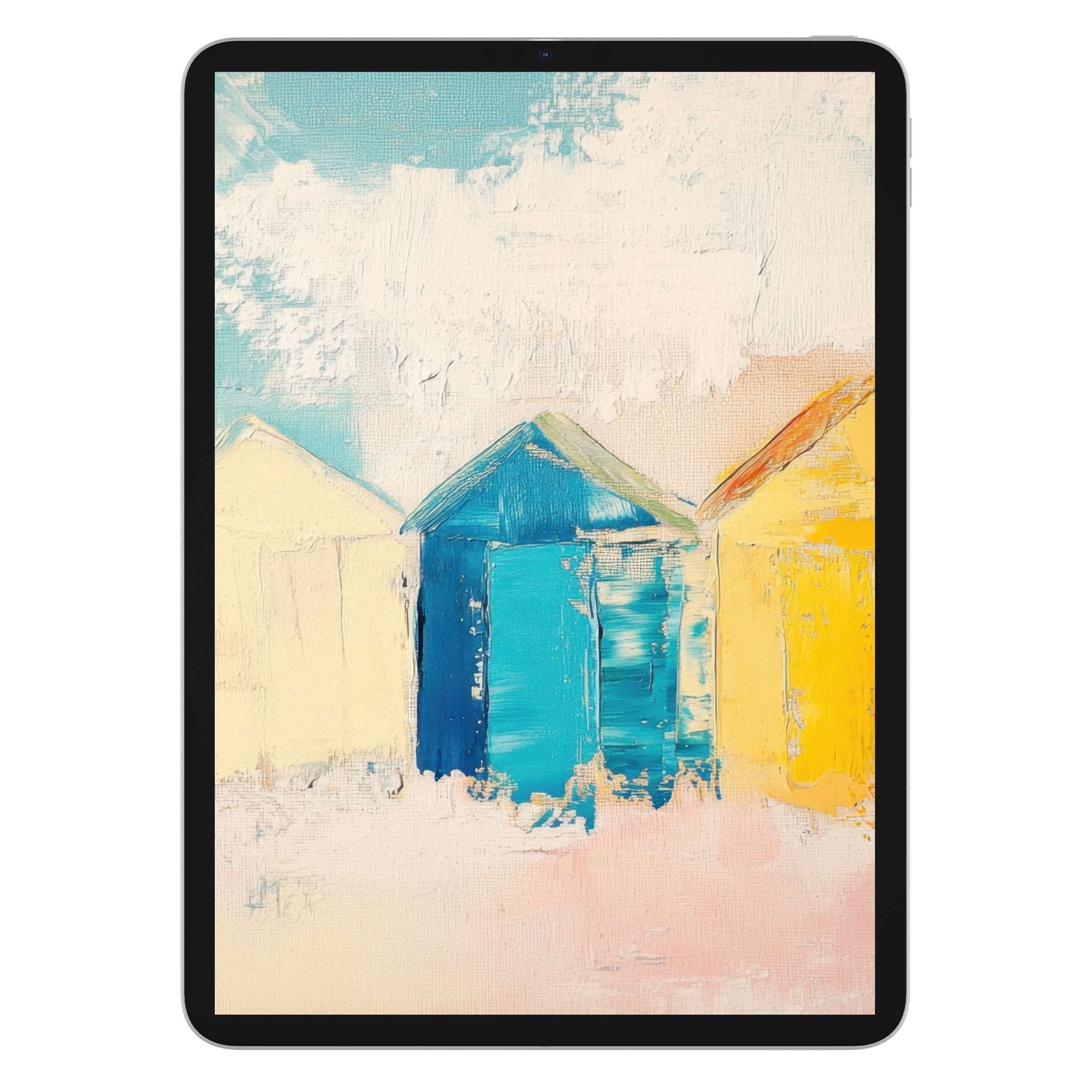 Beach iPad wallpaper showcasing vibrant textured beach huts in a soothing palette for a serene digital download tablet background