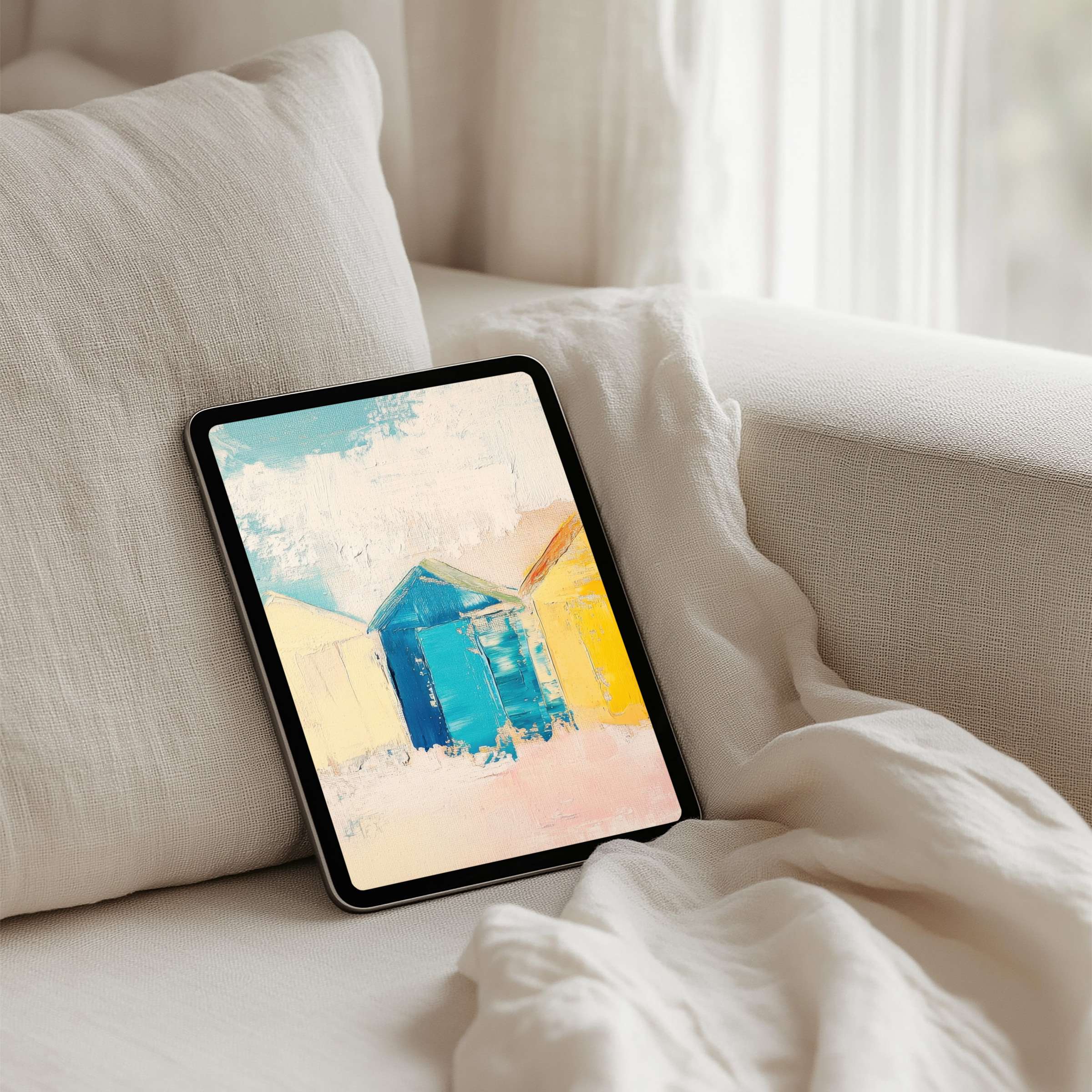 Elegant pastel iPad background featuring abstract beach huts offers instant download for tablets, inspiring calm and mindfulness