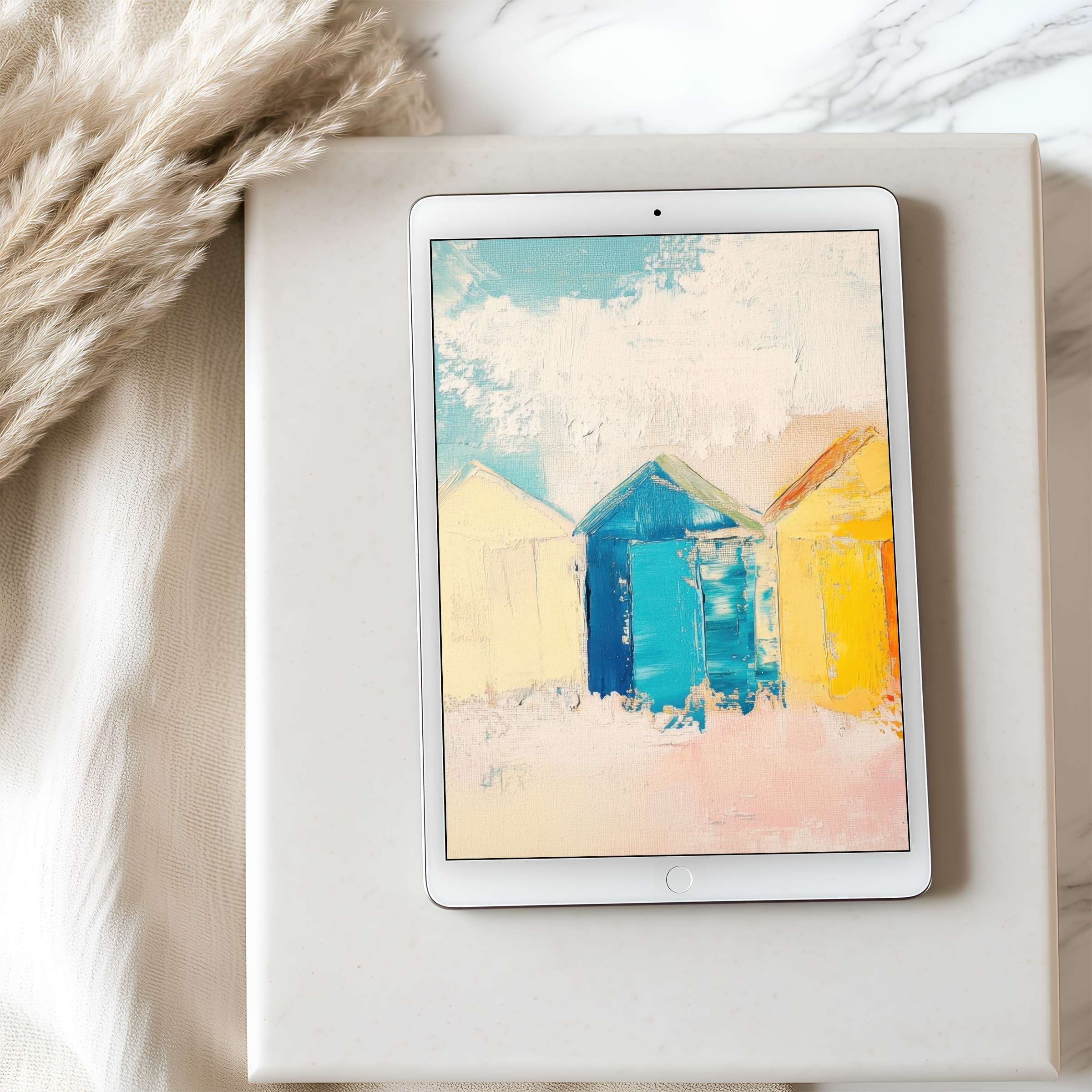 Elegant pastel tablet wallpaper featuring serene beach huts in soft hues, perfect for high resolution iPad and Android digital download