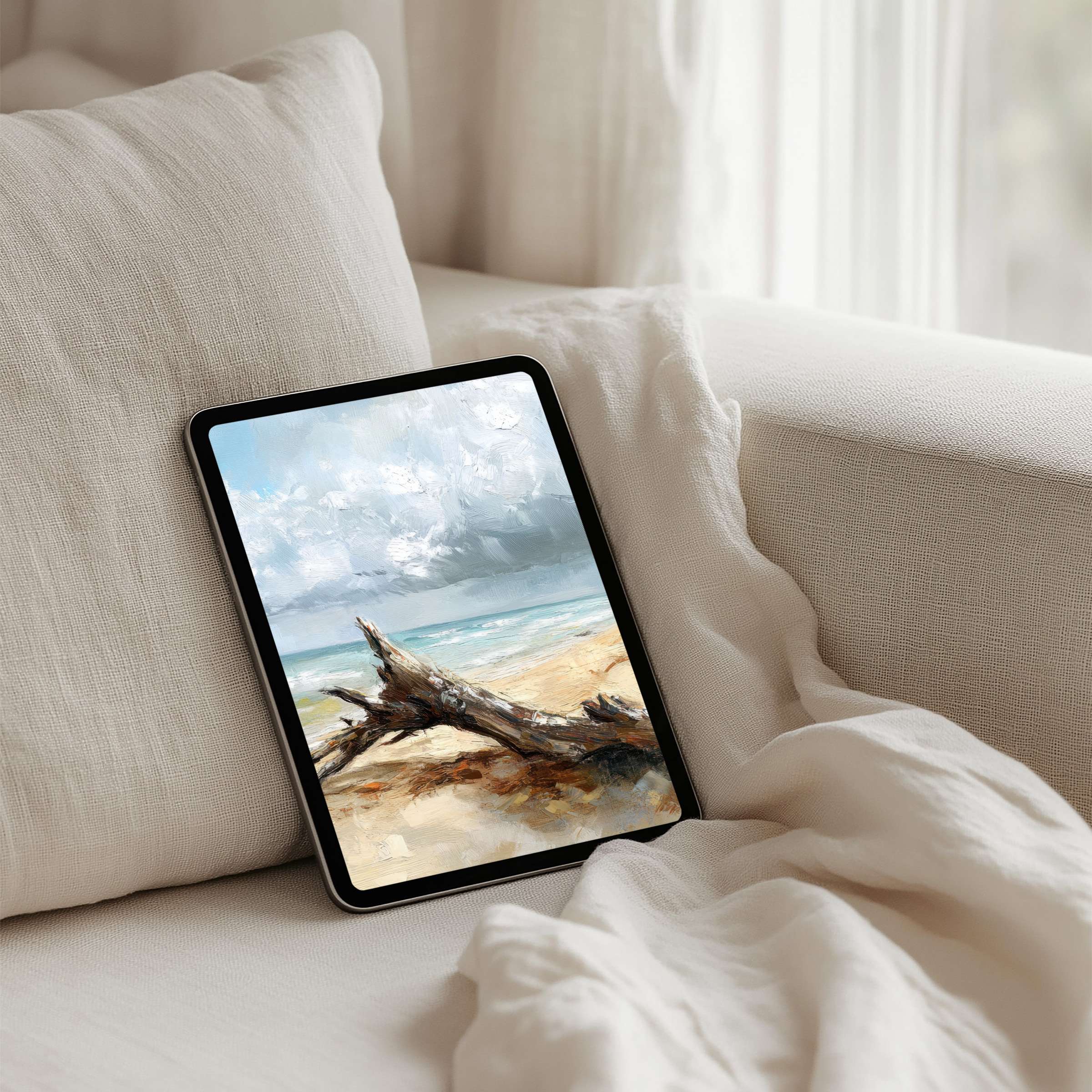 Tranquil beach scene iPad background ideal for instant download on tablets promoting mindfulness and elegance in any setting