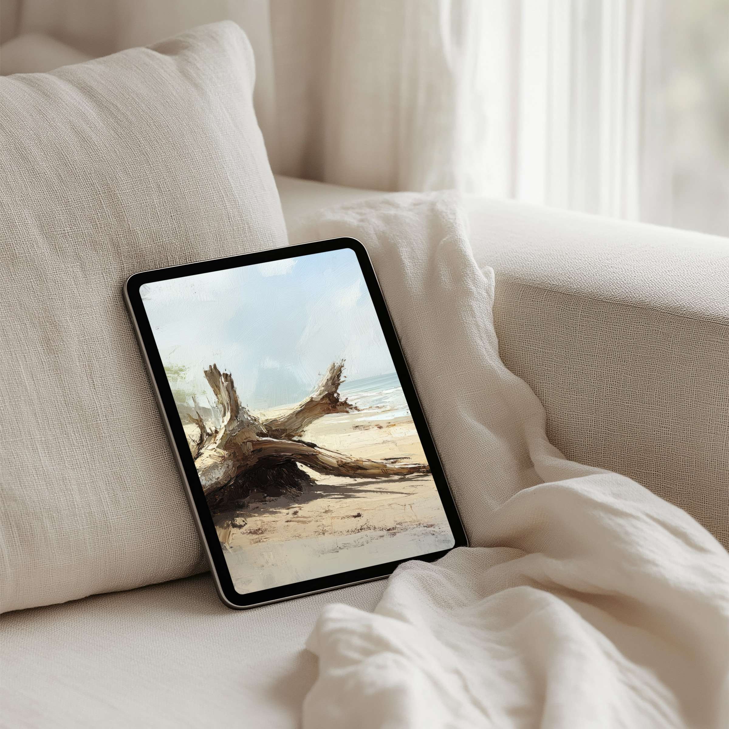 Elegant iPad background featuring serene beach art evokes mindfulness and inspiration perfect for tablet instant download users