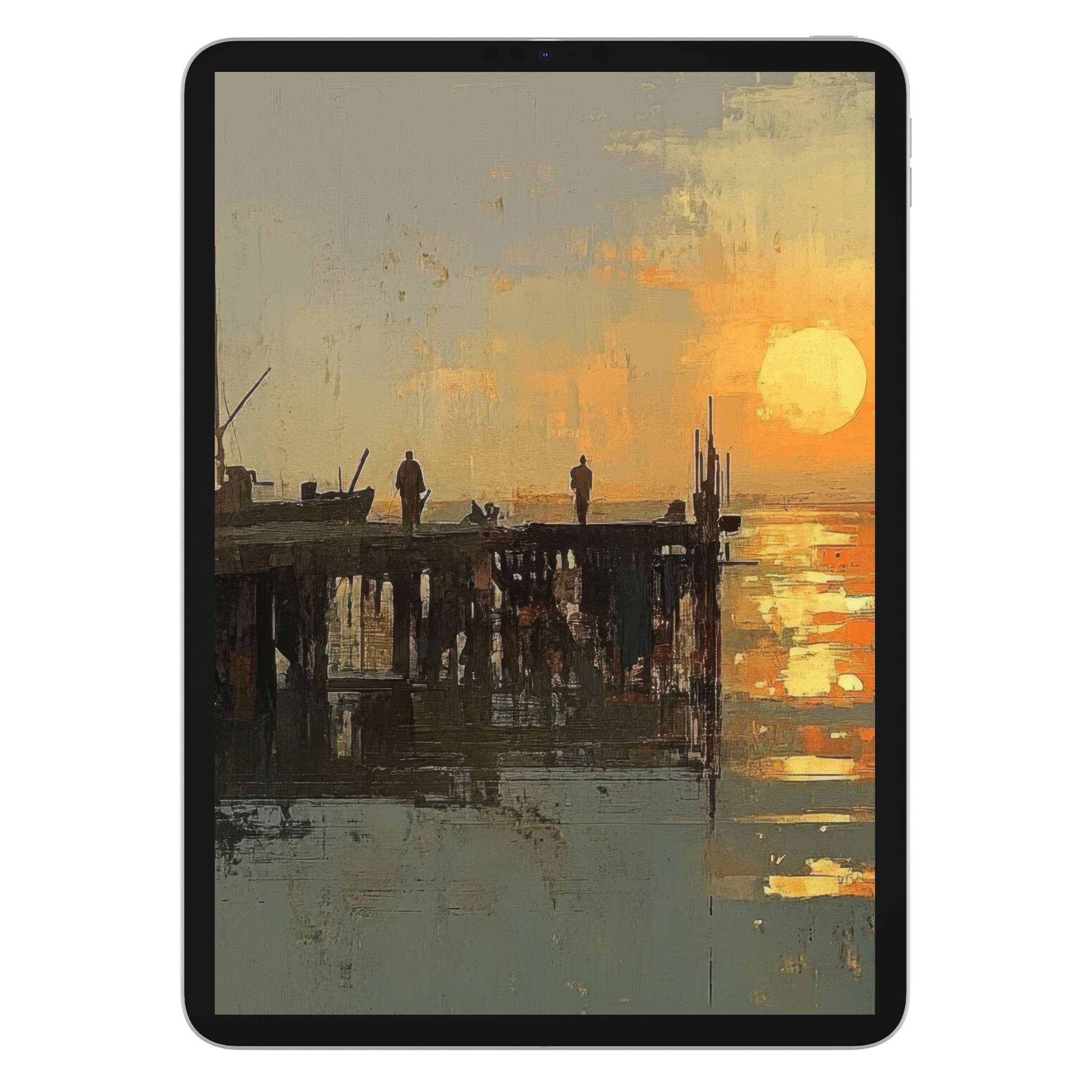 Warm sunset over a rustic pier in this beach iPad wallpaper, perfect digital download for a calm tablet background aesthetic