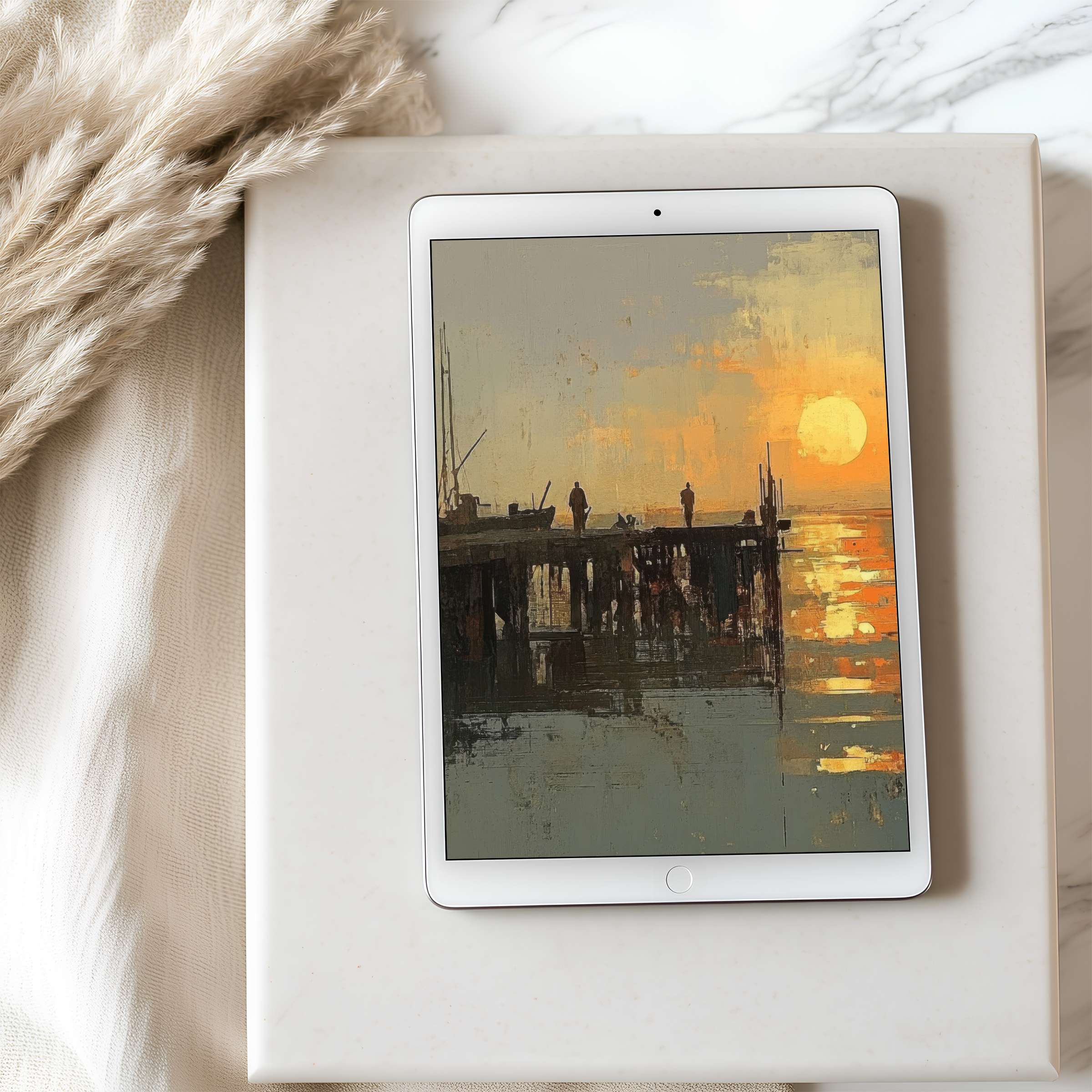 Elegant tablet wallpaper showcasing a serene sunset over a pier, perfect for curated iPad screens, offering calm and sustainable beauty