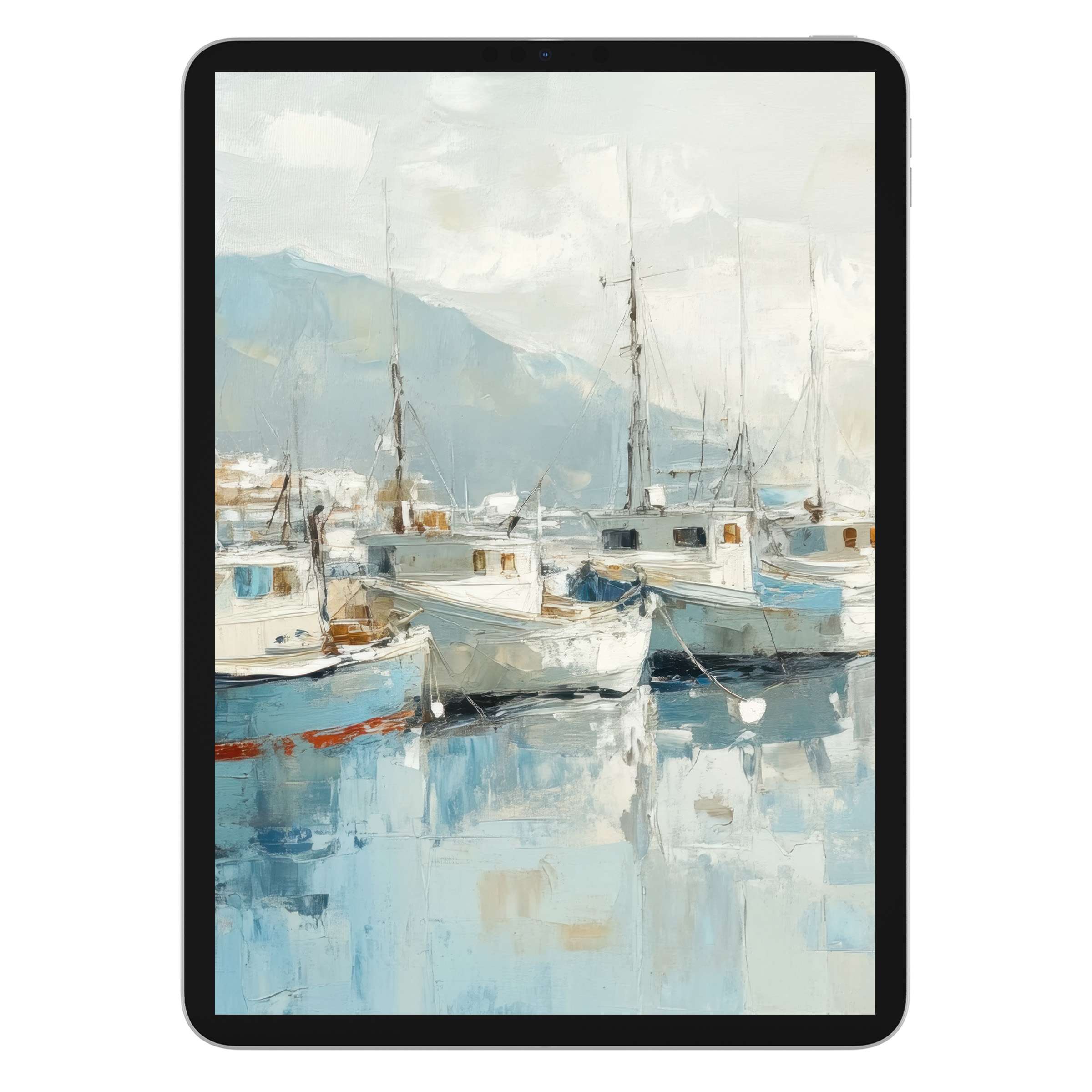 Serene maritime scene beach iPad wallpaper with boats on tranquil water, perfect digital download for calming tablet backgrounds