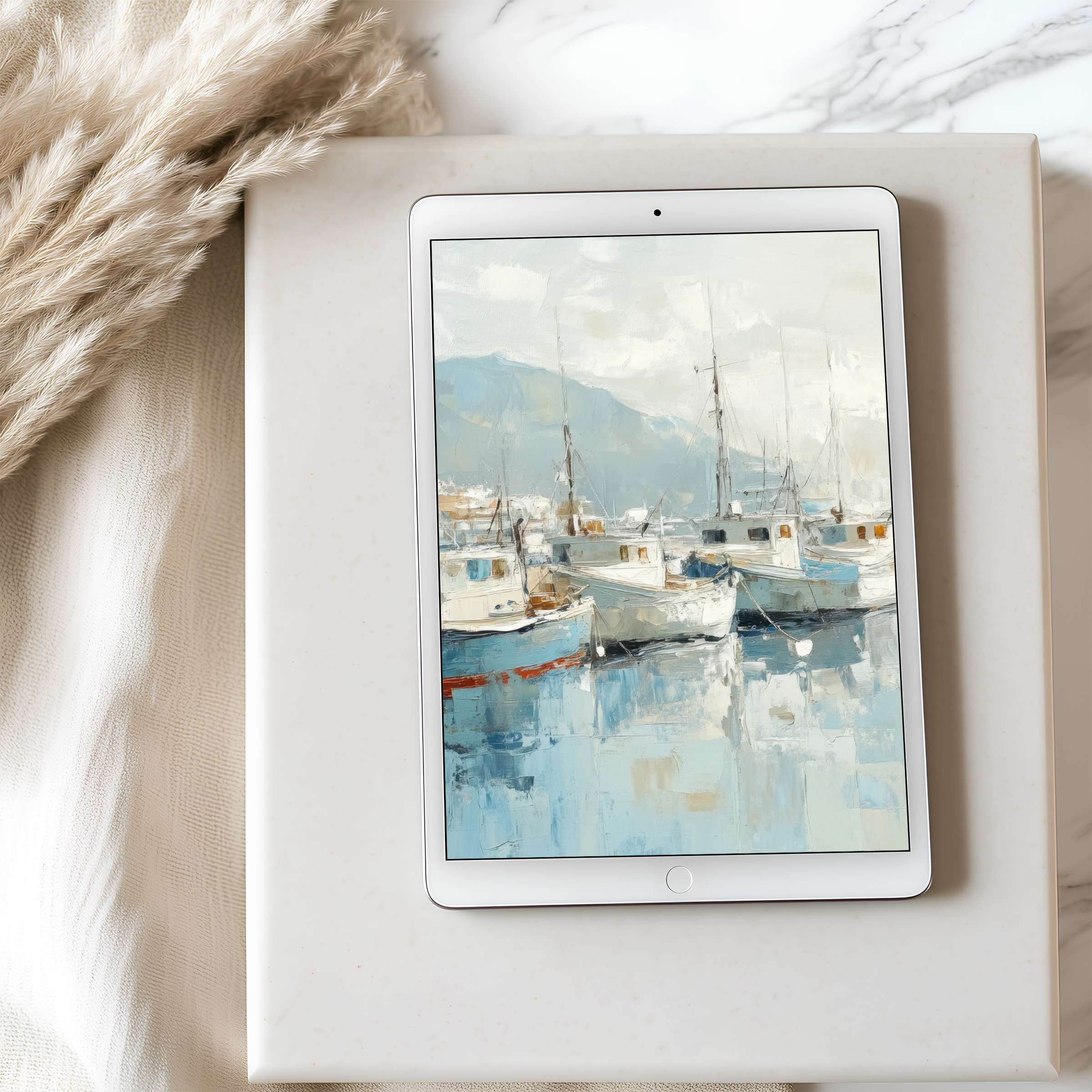 Elegant tablet wallpaper depicting serene boats on water in calming blue tones, perfect for high-resolution iPad or Android download