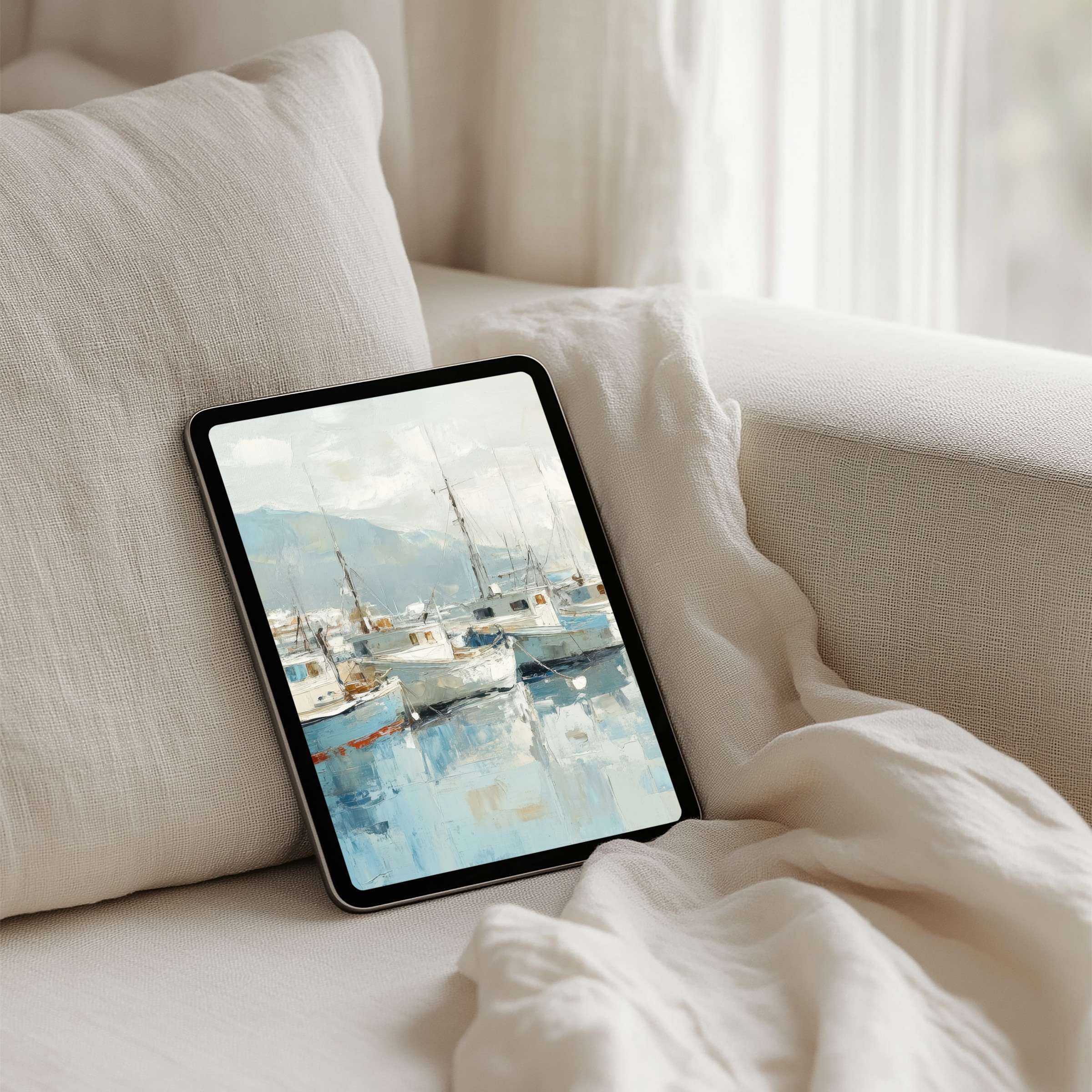 Tranquil watercolor marina iPad background for instant download on any tablet, inspiring calm elegance in a cozy minimalist setting