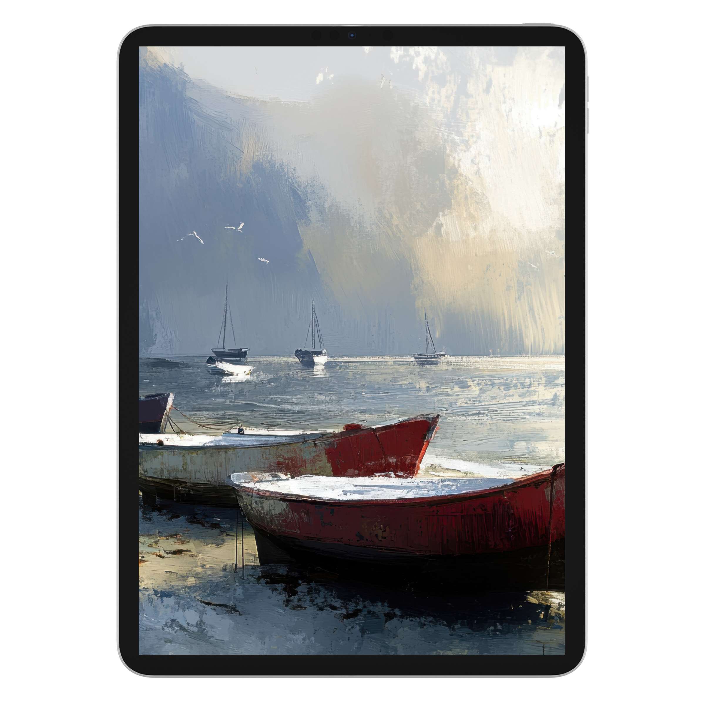 Serene beach iPad wallpaper for tablet background featuring painted boats and sea, offering a soothing digital download mood