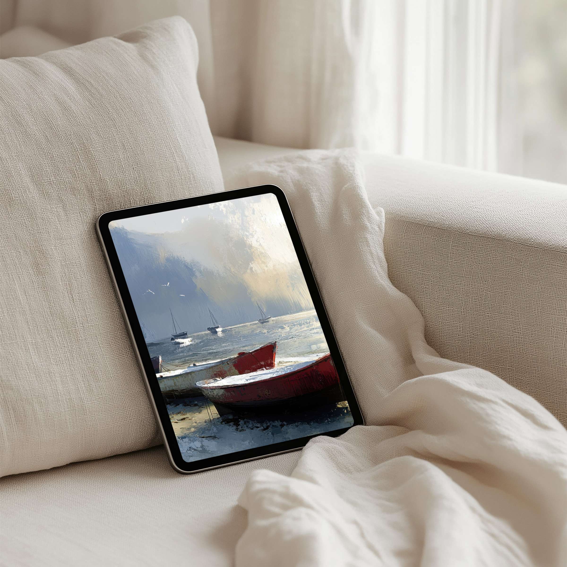 Elegant coastal scene featuring soft pastels and a red boat for iPad background instant download perfect for any tablet user