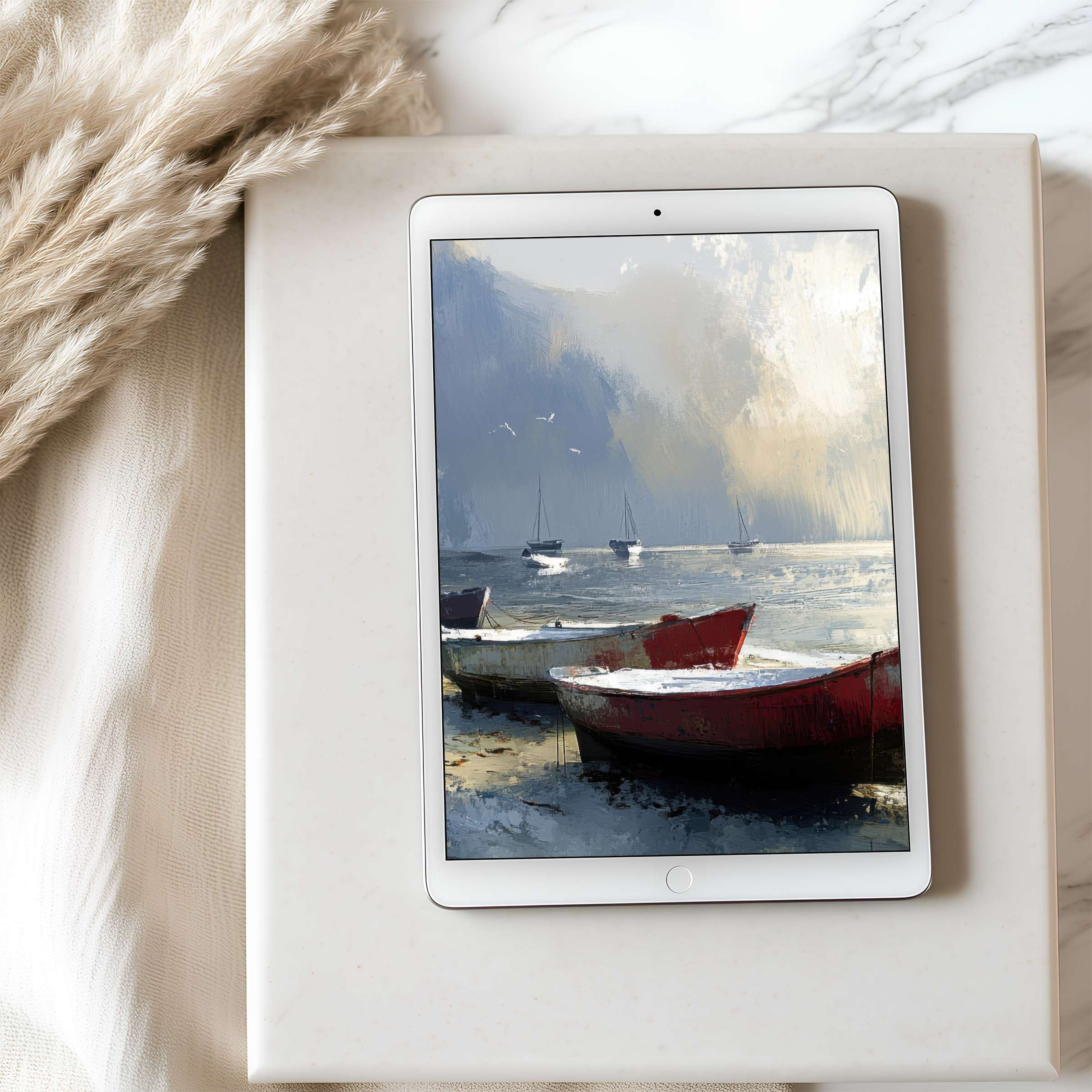 Elegant tablet wallpaper featuring serene seascape with boats in high resolution, perfect for iPad and Android digital downloads