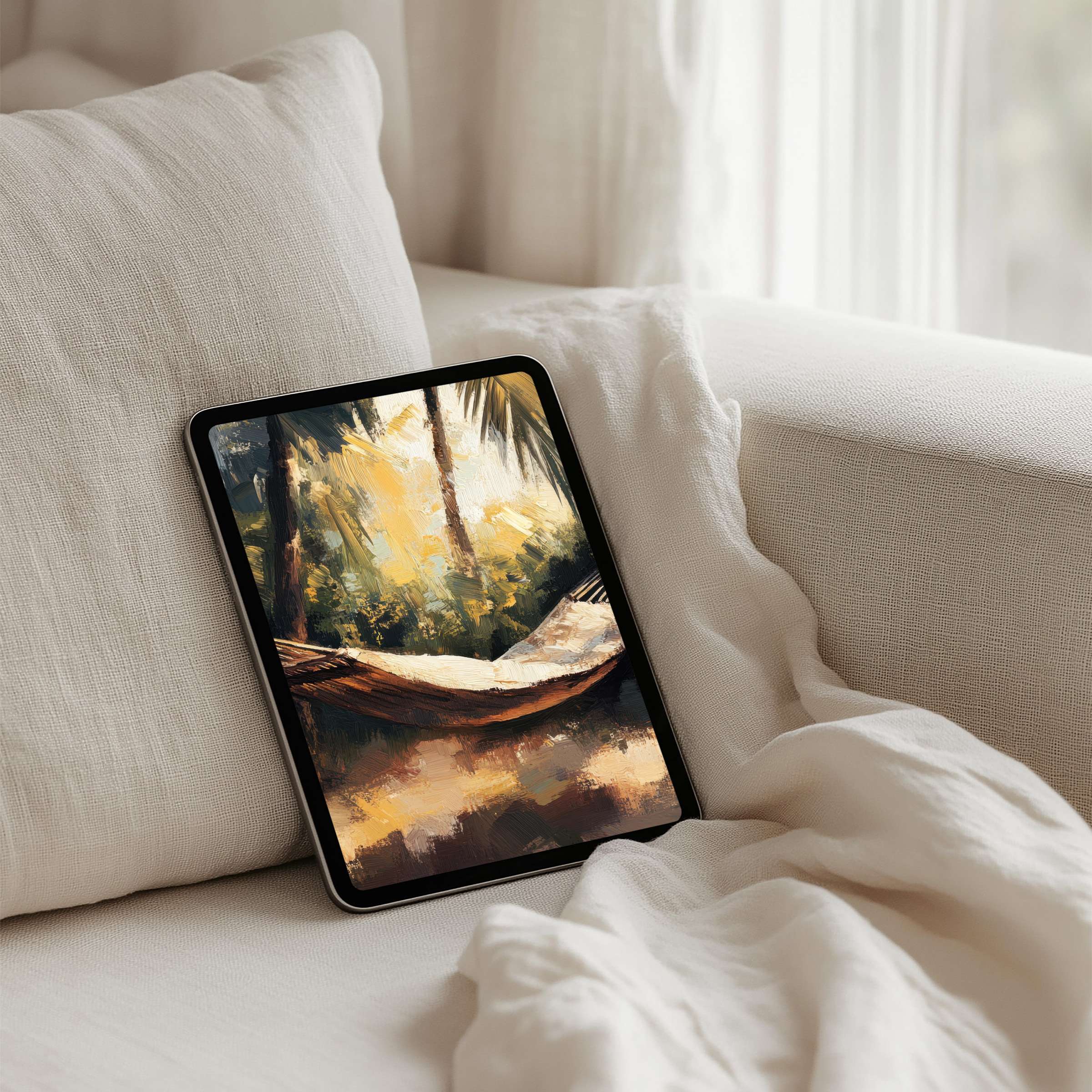 Inspirational iPad background showcasing serene tropical hammock art for instant download fits any tablet offering calm elegance
