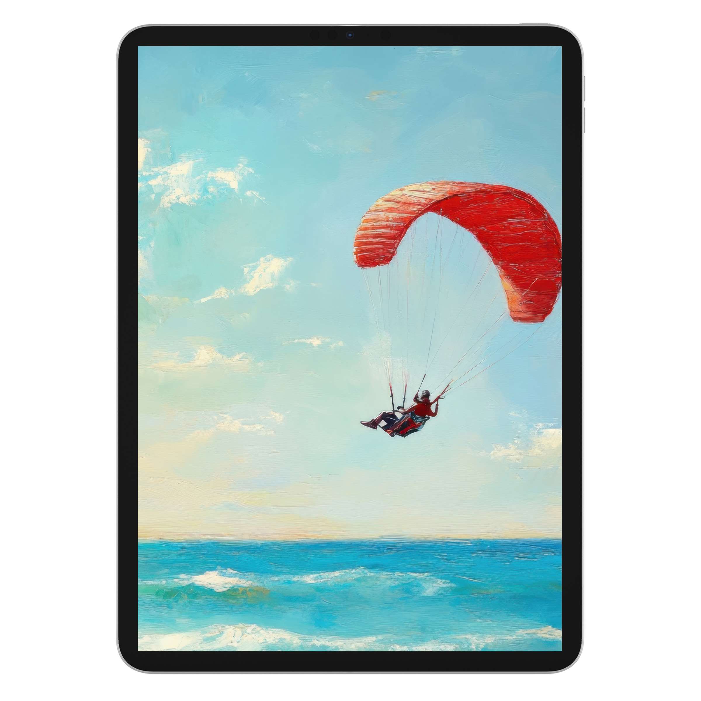 Vibrant beach iPad wallpaper depicting a serene parasailing scene in bold colors, perfect digital download for tablet backgrounds, inspiring calm