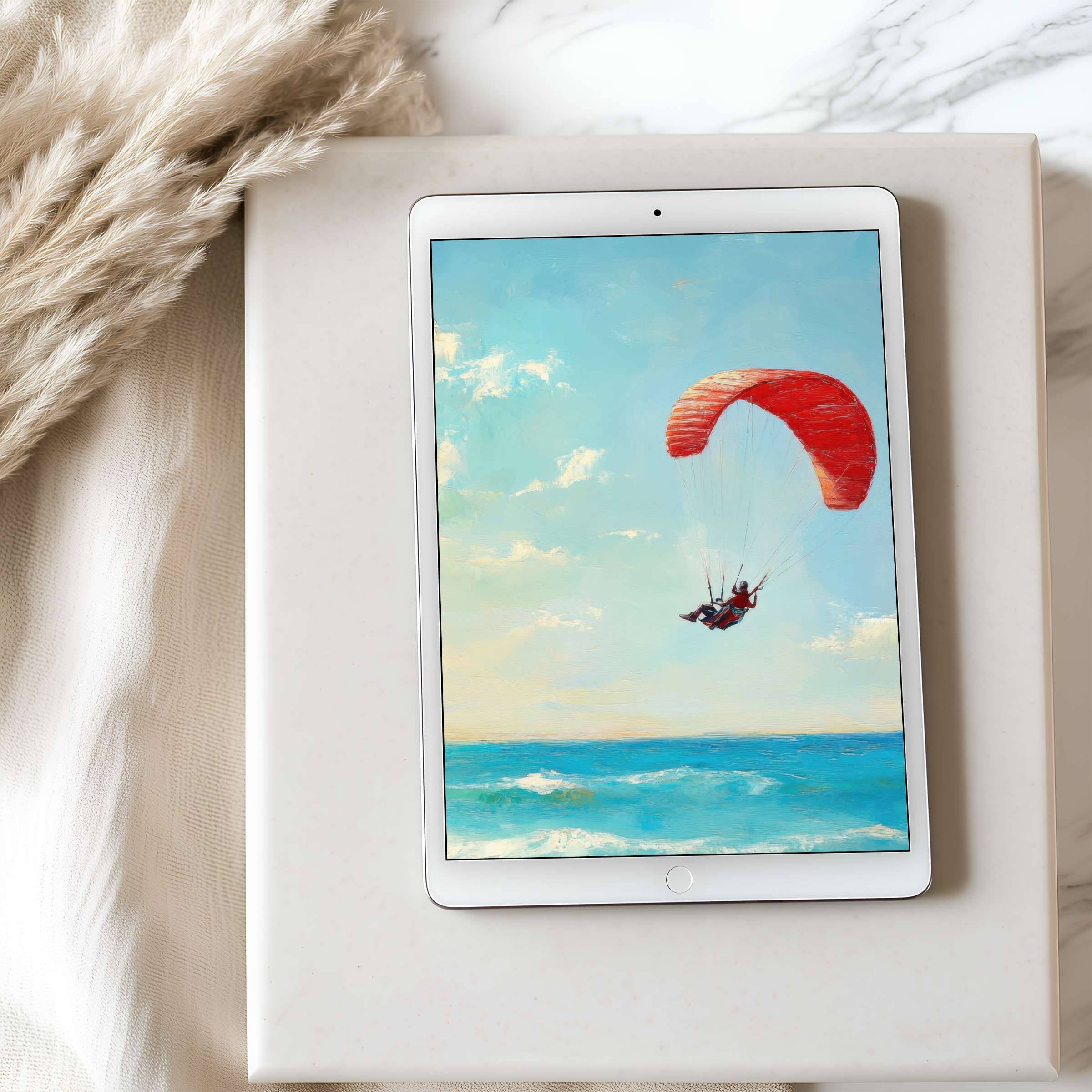 Elegant tablet wallpaper featuring a red paraglider over a serene ocean, perfect high-resolution download for iPad or Android tablets