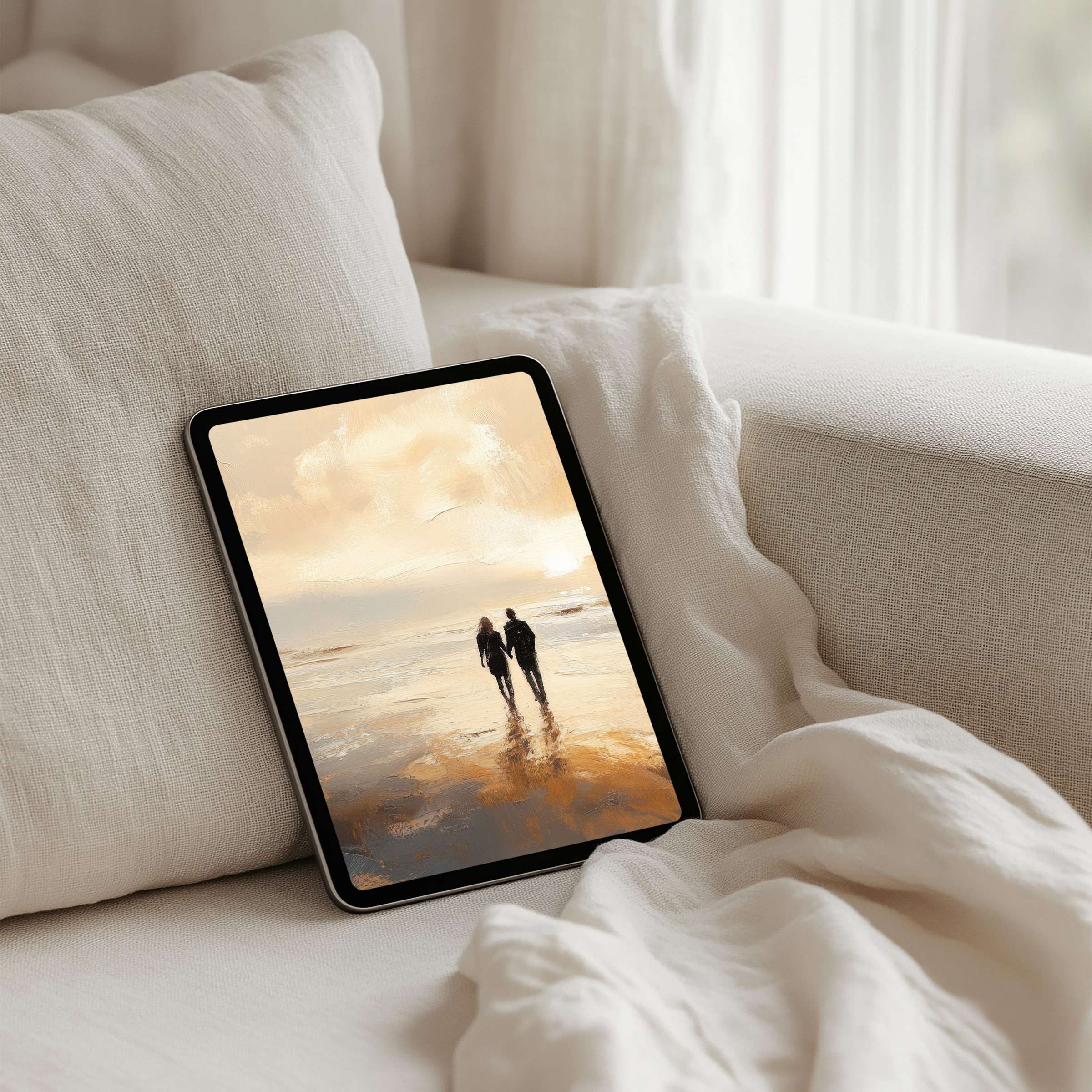 Elegant iPad background of serene beach art offers instant download for tablets, inspiring calm and mindfulness in any space
