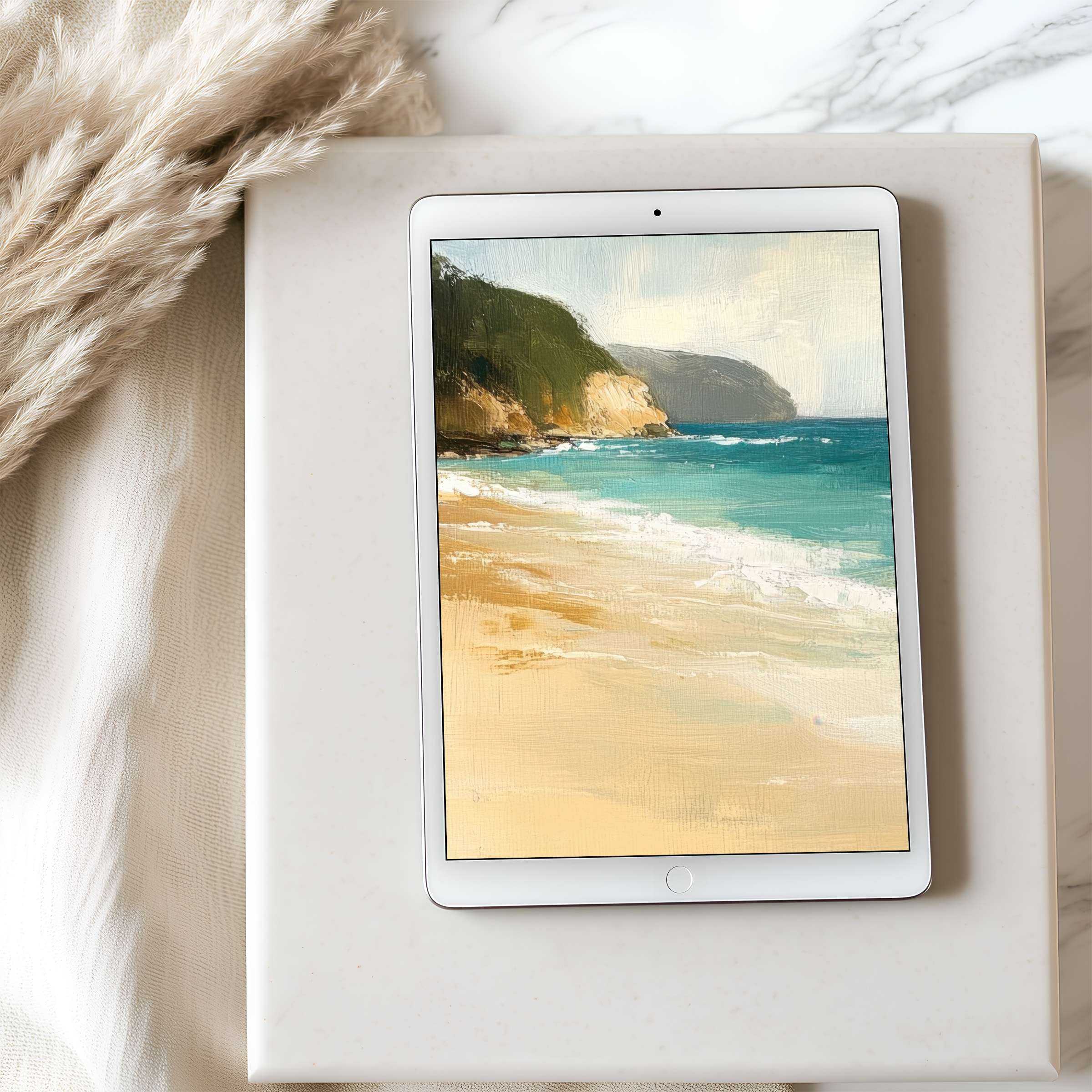 Serene coastal tablet wallpaper in high resolution graces an iPad, blending warm sandy tones and tranquil blues for digital downloads