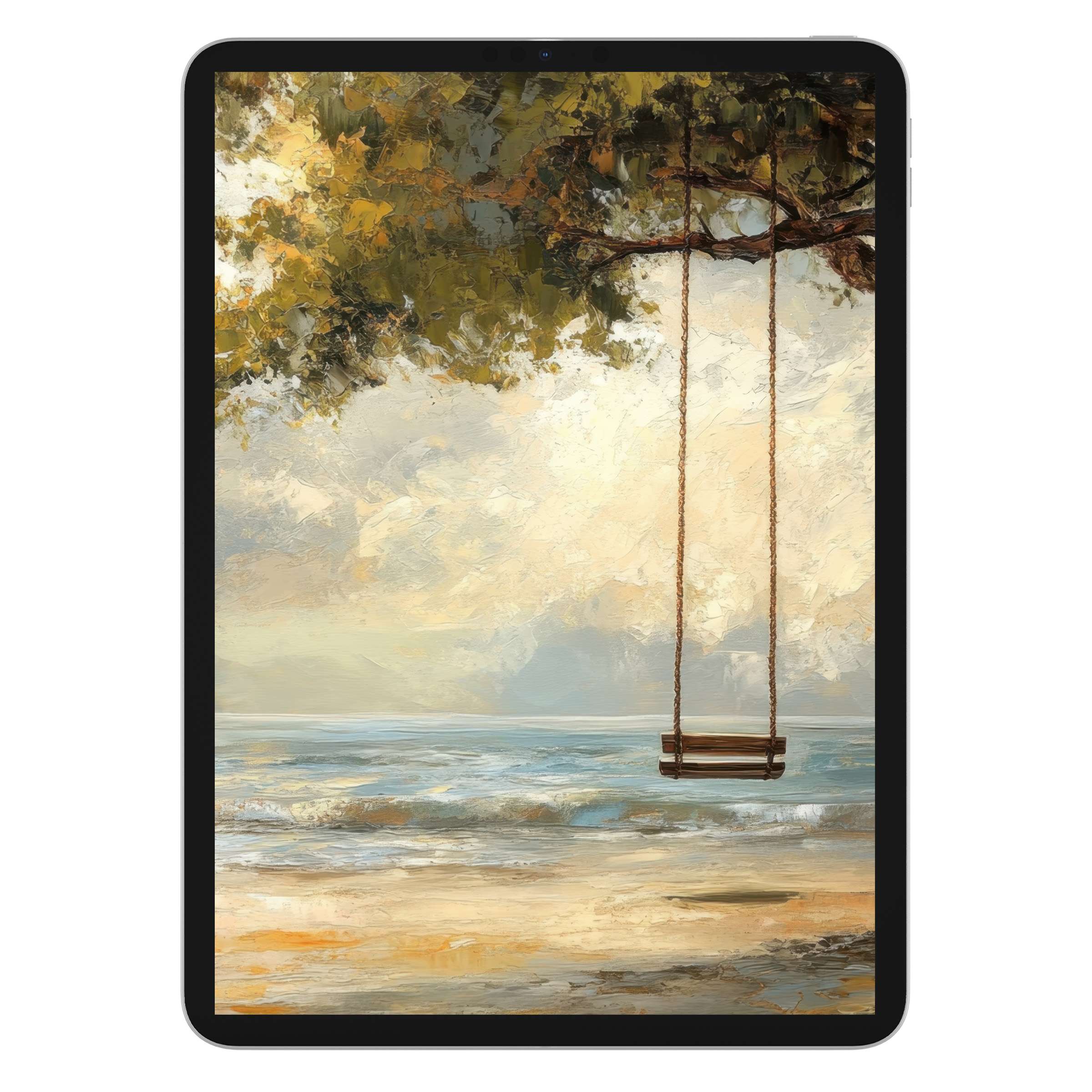 Ethereal beach iPad wallpaper with a calming swing scene, perfect digital download background for tablets, enhancing tranquility