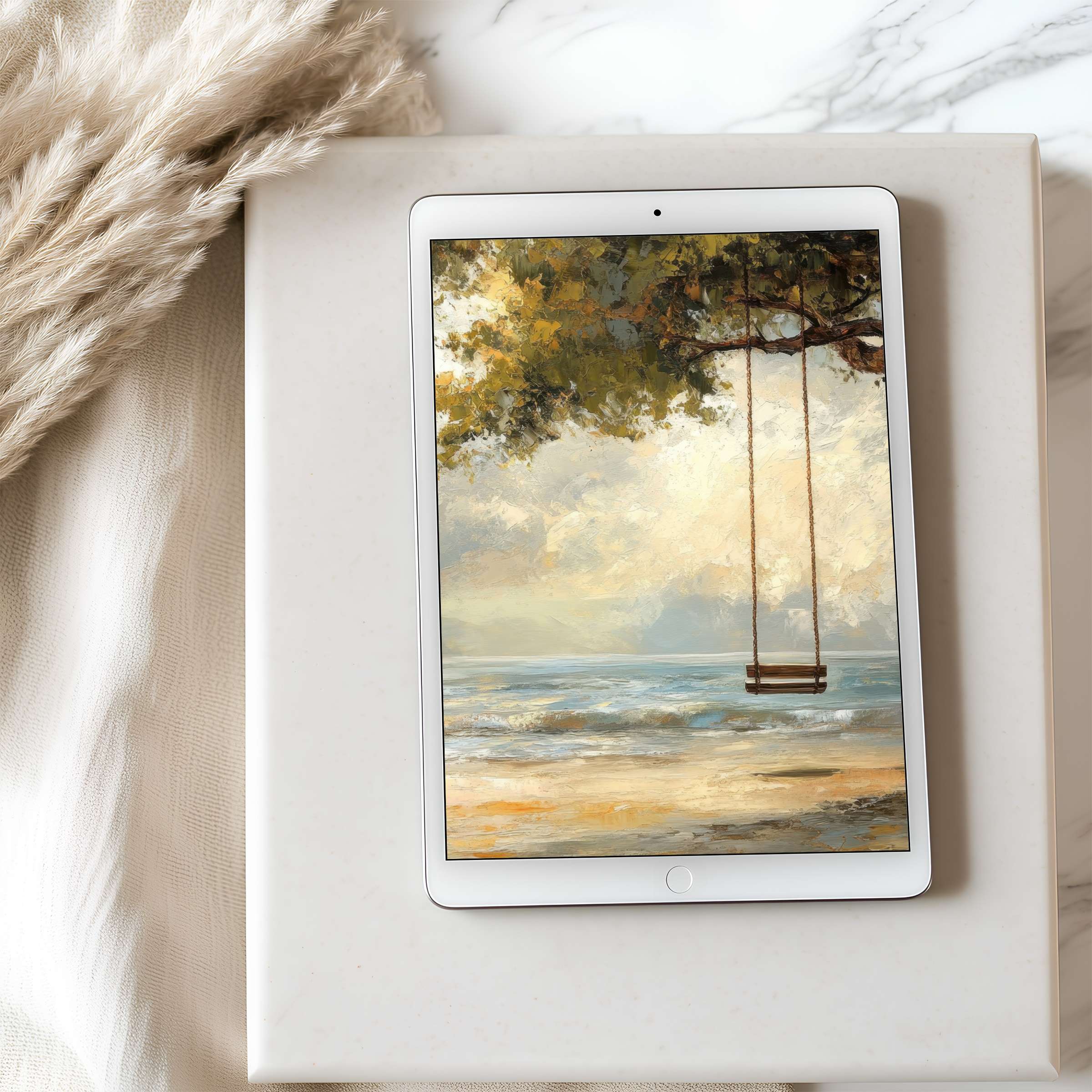 Elegant tablet wallpaper featuring a serene beach with a swing under lush trees offering calming inspiration for iPad and Android users