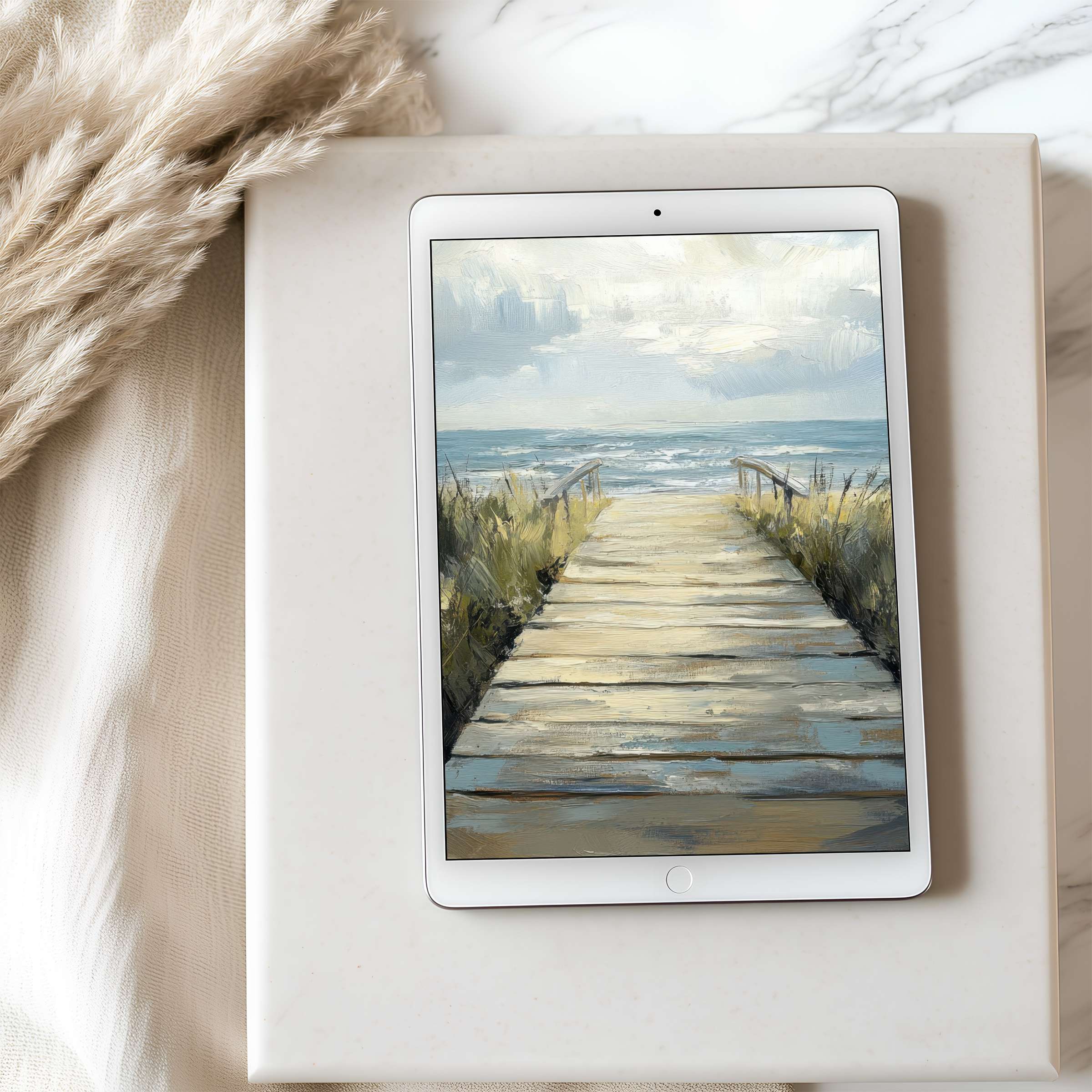 Elegant tablet wallpaper featuring a serene beach boardwalk in soft blues and creams, perfect for iPad and Android high resolution download