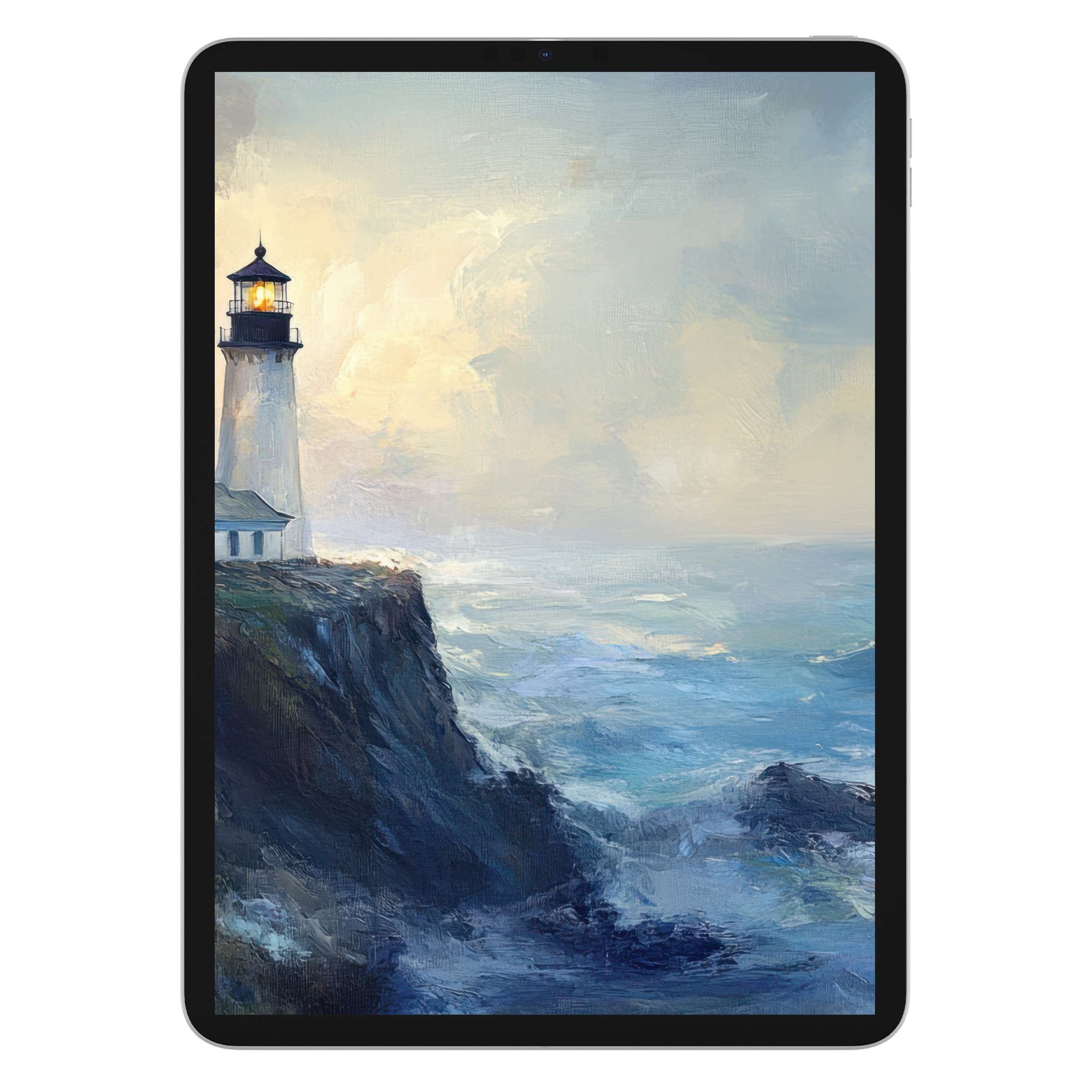 Inspiring beach iPad wallpaper with a serene lighthouse, perfect digital download background for tablet elegance and tranquility
