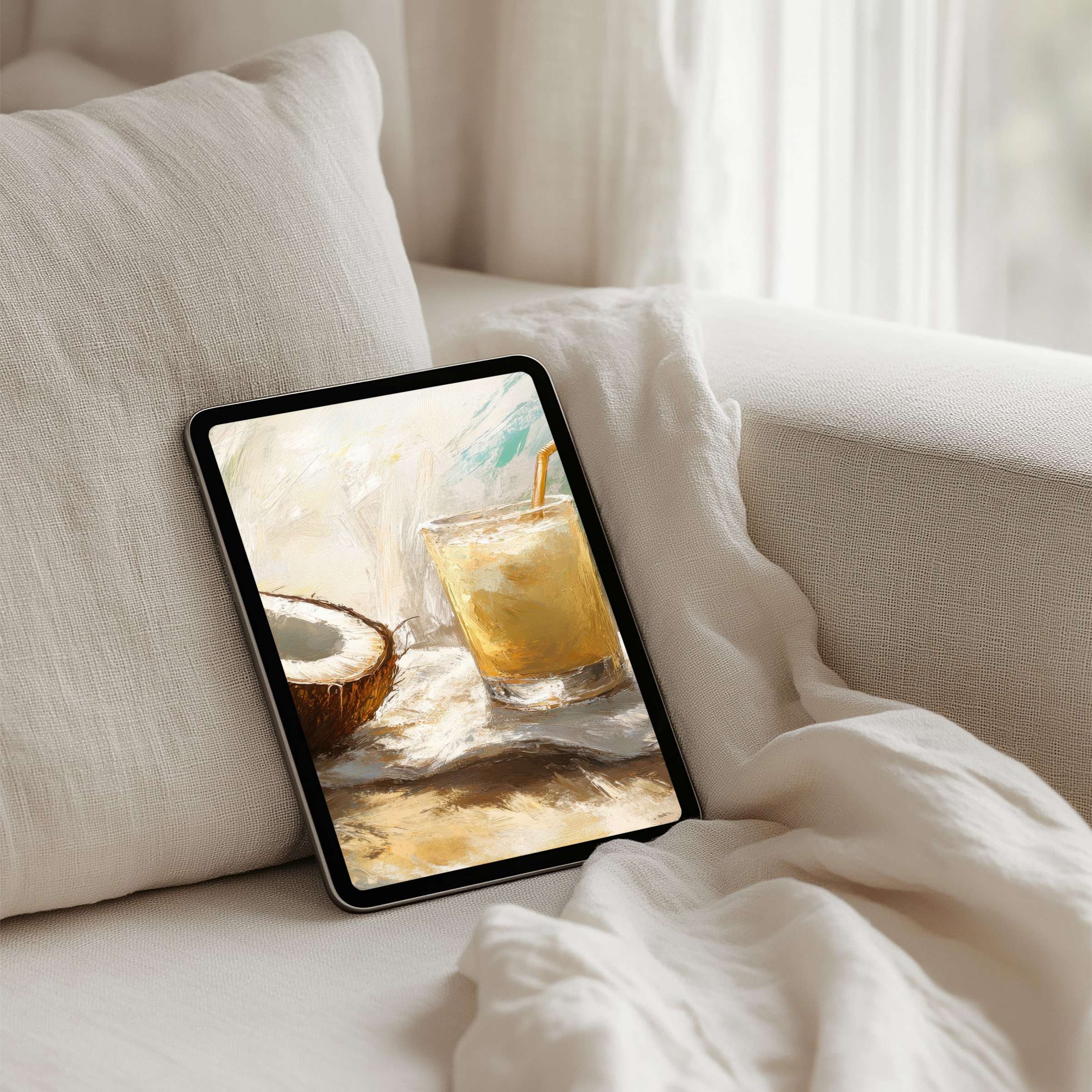 Elegant digital art of coconut and drink for iPad background inspires calm mindfulness suitable for any tablet instant download