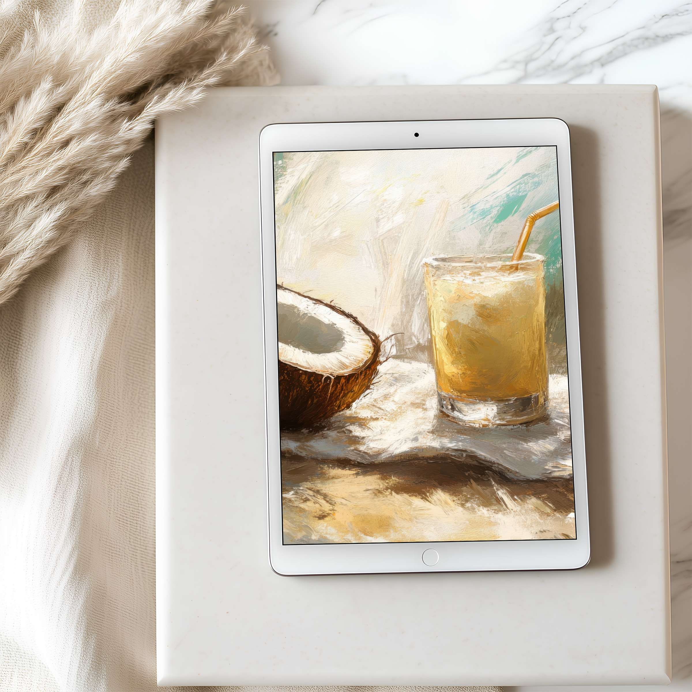 Coastal-inspired tablet wallpaper with an elegant coconut drink painting enhances iPad displays, offering serene digital art download
