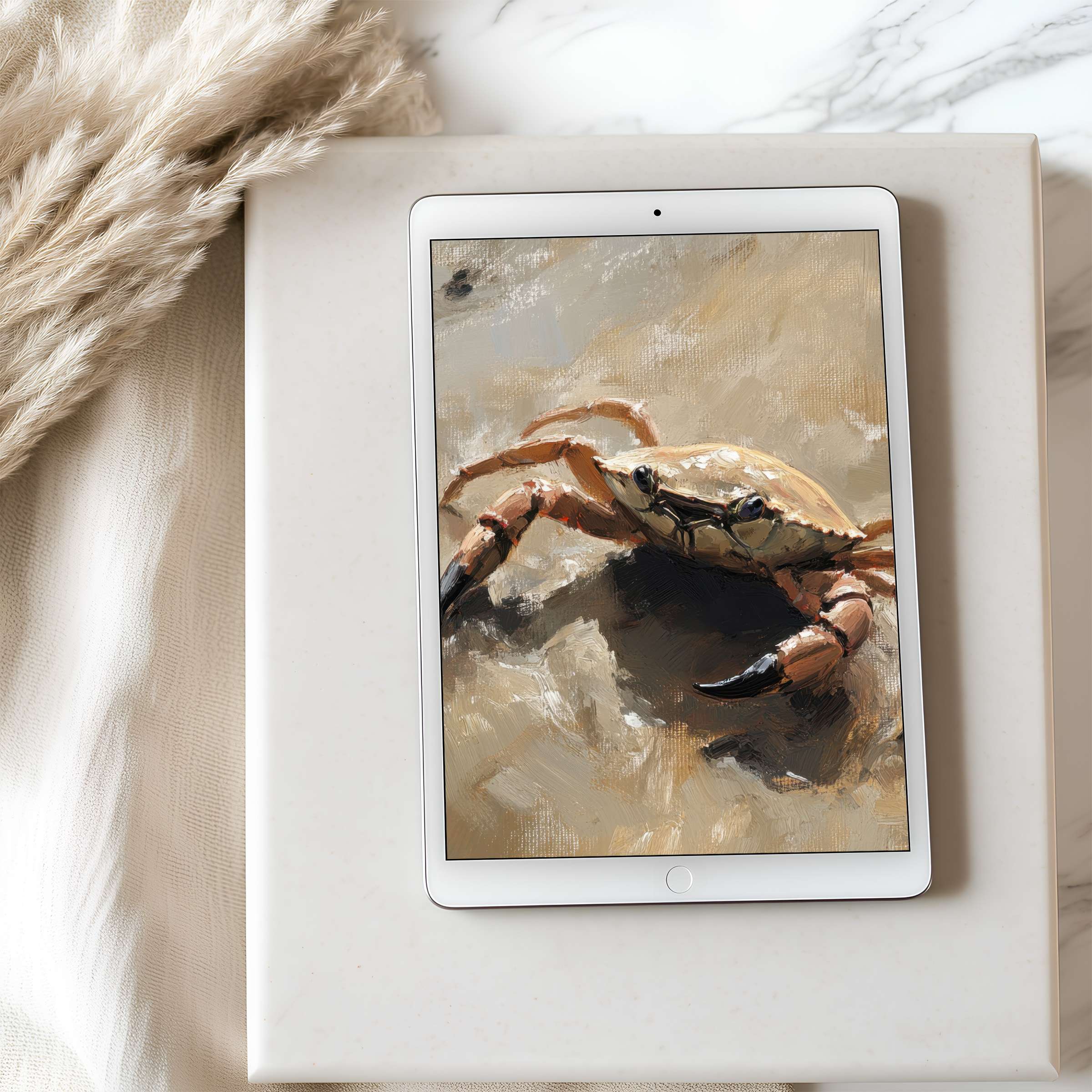 Crab-inspired digital art tablet wallpaper enhances any interior with its calming earth tones perfect for high-resolution iPads and more