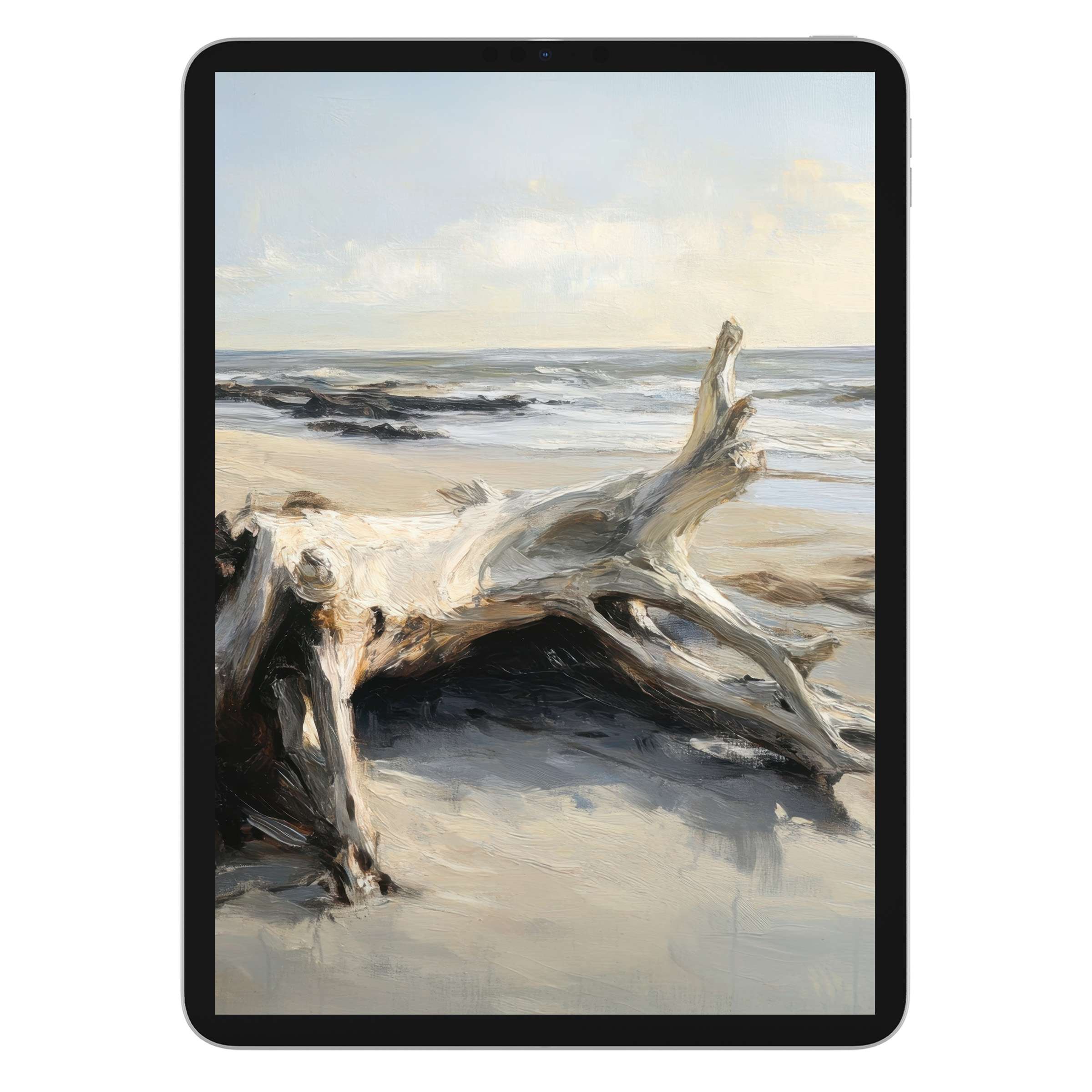 Tranquil beach iPad wallpaper featuring driftwood on sand, perfect for tablet backgrounds; a digital download offering serene elegance