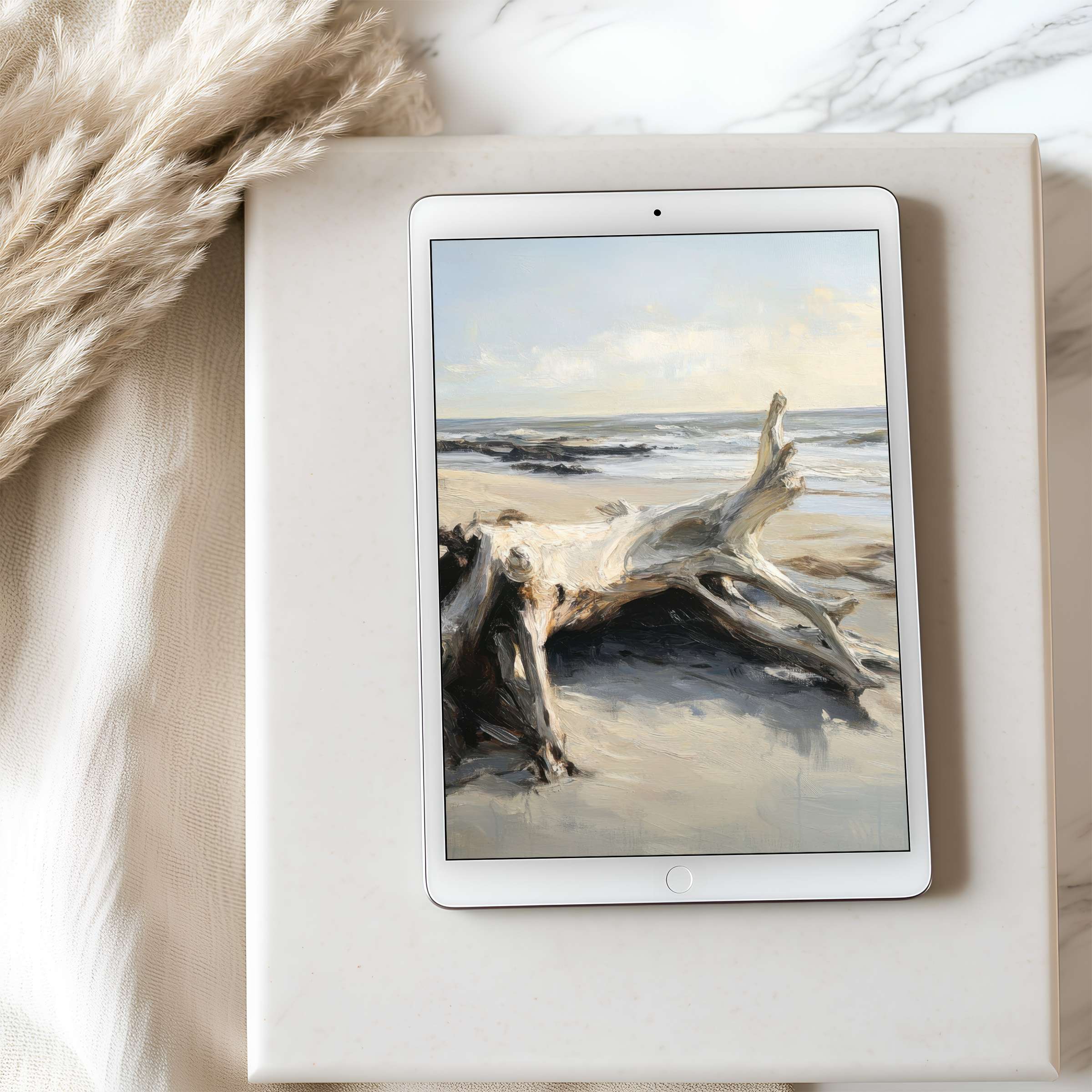 Elegant driftwood art on a tablet wallpaper evokes tranquility, perfect for high-resolution iPad or Android tablet downloads