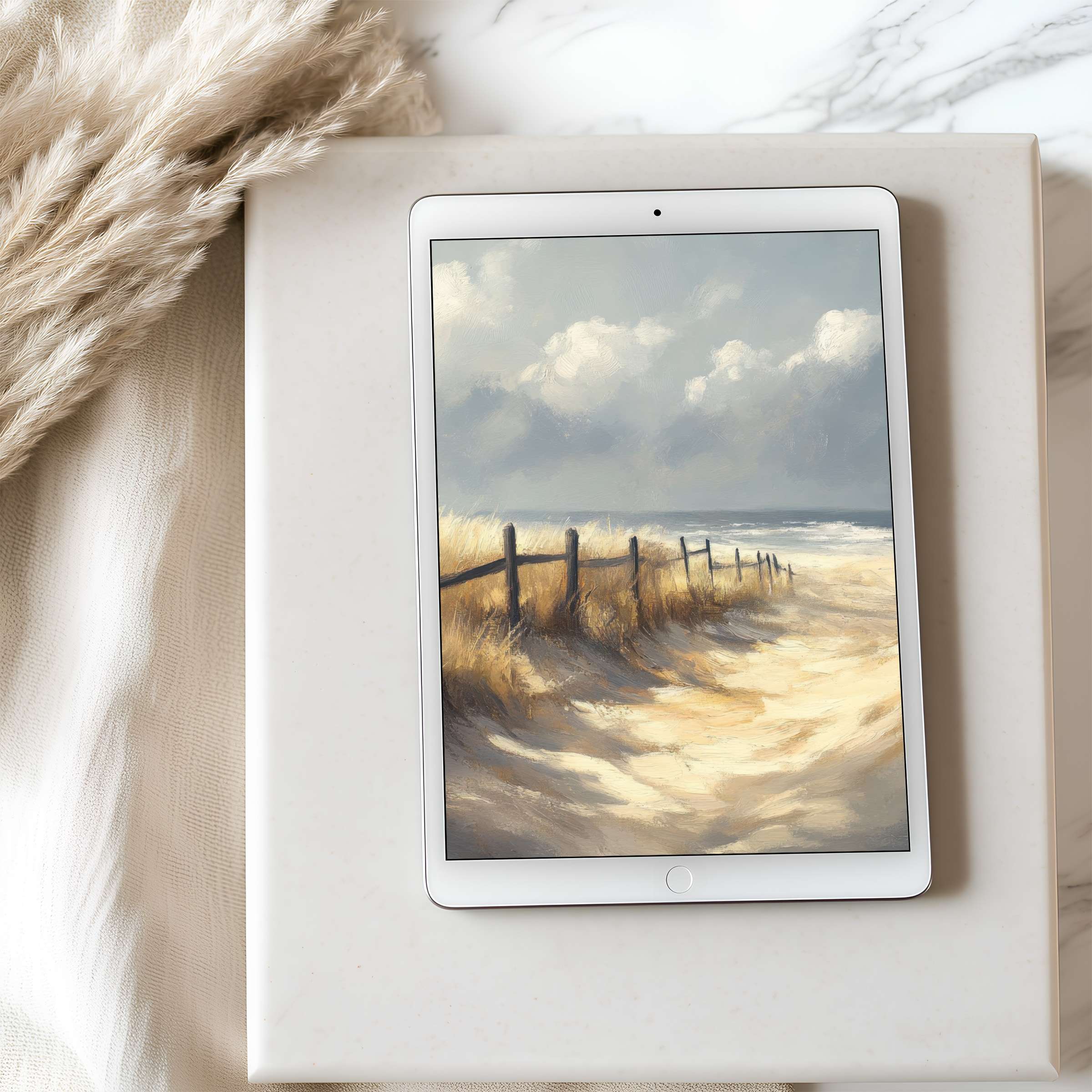 Elegant coastal scene tablet wallpaper in high resolution, perfect for iPad and Android tablets, inspires calm and digital sustainability